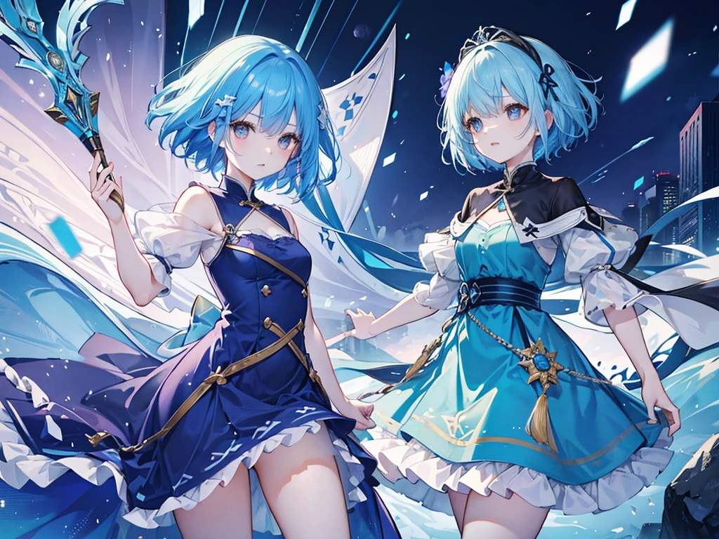 1 girl, light blue hair, light hair hair, sharp eyes, light blue eyes, sleeveless combat dress, bow, serious look, masterpiece, high quality, fantasy eyepatch, unique eyepatch, short hair, short hair, very short hair, unique hair, special hair