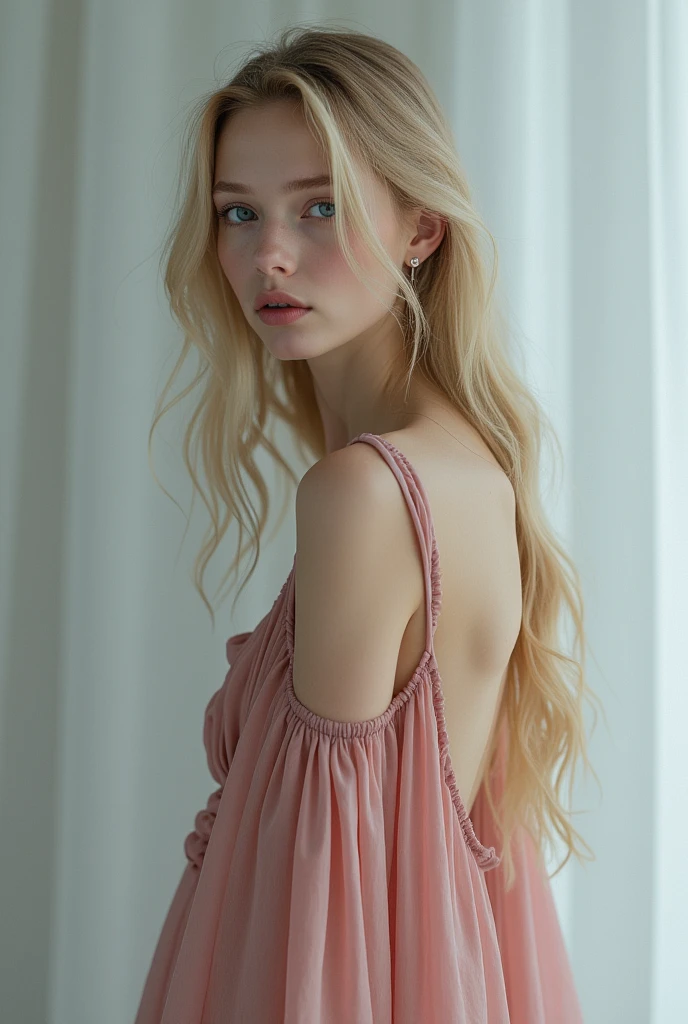 /Imagine a digitally created 3D rendering of a 21-year-old seductive ballerina, Exudes beauty and elegance that are out of this world.. her shining golden hair、Flowing down my back in smooth waves。, compose her delicate frame, A porcelain-like complexion and gentle shine. her small, A sophisticated face is framed by a long frame, Thin eyelashes and rosy pink lips. she is clear, Penetrating blue eyes shine with inner light, reflects her focused determination. Her lithe, An elegant figure wearing well-fitting clothes, Off-shoulder leotard, reveal a toned state, dancer&#39;s physique. she is standing