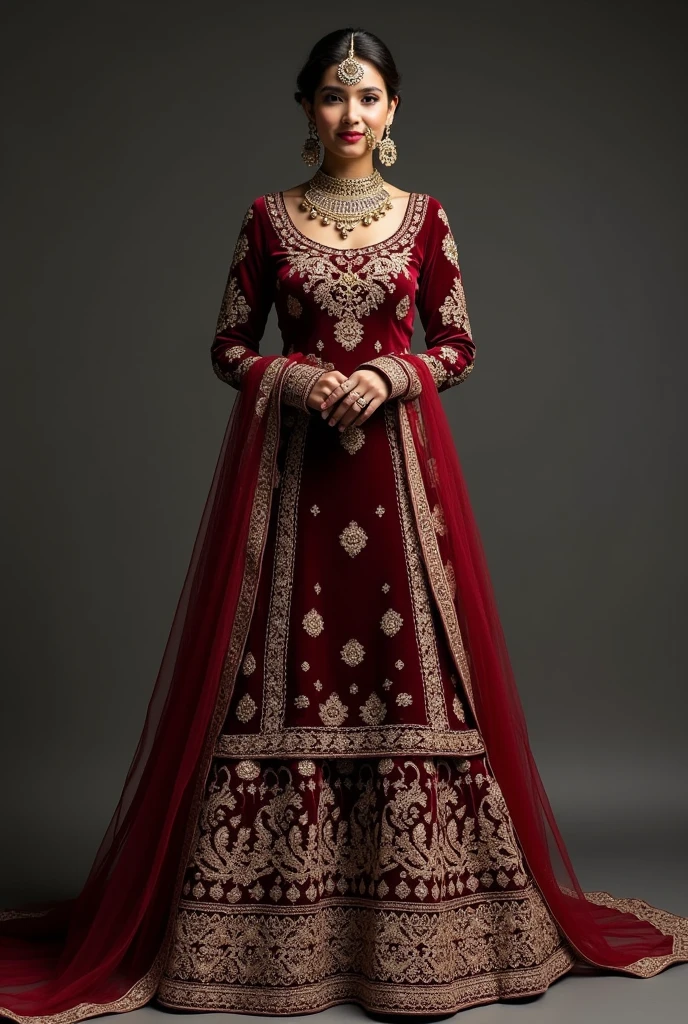 For a Muslim hijabi bride, imagine a deeply elegant and modest Indian bridal outfit in rich maroon, coffee brown, and black tones.
**Lehenga:**
- **Base Color:** A deep maroon color that exudes richness and luxury, perfect for a bride.
- **Embroidery:** The lehenga features intricate floral and geometric patterns embroidered in coffee brown and black threadwork, with subtle hints of gold zari to add a touch of opulence.
- **Fabric:** The lehenga is crafted from velvet, providing a luxurious texture and depth to the outfit. The fabric flows gracefully, adding a sense of grandeur to the bridal look.
**Choli:**
- **Design:** The choli is designed to be full-sleeved for modesty, with a high neckline adorned with coffee brown and black embroidery that complements the lehenga. The choli is fitted to give a structured and sophisticated silhouette.
- **Fabric:** Matching the lehenga, the choli is also made of velvet, ensuring a cohesive look.
**Dupatta:**
- **Color:** The dupatta is in a rich coffee brown shade, creating a beautiful contrast with the maroon lehenga.
- **Details:** It is crafted from a sheer fabric, such as net or chiffon, with a heavy border embroidered in black and gold threadwork. The edges of the dupatta are lined with delicate black lace, adding a refined touch.
- **Draping:** The dupatta is draped elegantly over the head, as a hijab, ensuring modesty while still allowing the intricate details to be visible.
**Jewelry:**
- **Necklace:** A statement necklace in antique gold, featuring deep maroon gemstones that match the lehenga. The design is intricate, yet not too flashy, maintaining a balance of elegance and modesty.
- **Earrings:** Small, studded earrings with maroon and black gemstones, complementing the necklace.
- **Maang Tikka:** A delicate maang tikka with a coffee brown gemstone, subtly peeking from beneath the hijab.
- **Bangles:** A set of slender bangles in black and gold, with intricate designs that match the embroidery on the lehenga.
