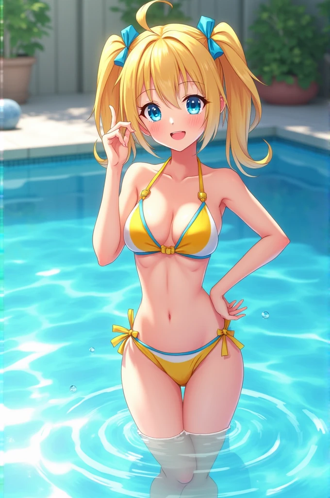 realista, foto, bonita, obra-prima, melhor qualidade, 1girl (Darkness do anime konosuba), solo, sam yang, nadador, sbikini (yelow), elegant bikini (yelow), peito grande, decote, linha bronzeada, foto retrato, olhando para o espectador, rosto detalhado, olhos longos detalhados (Blue eyes, cabelo detalhado, (yellow hair:1.5) parcialmente submerso, piscina ao ar livre, pele molhada, cabelo longo, cabelo molhado (ponytail hair) , detalhes intrincados, sombra, Uplighting, ray tracing, High quality water, realistic water, HD, 4k