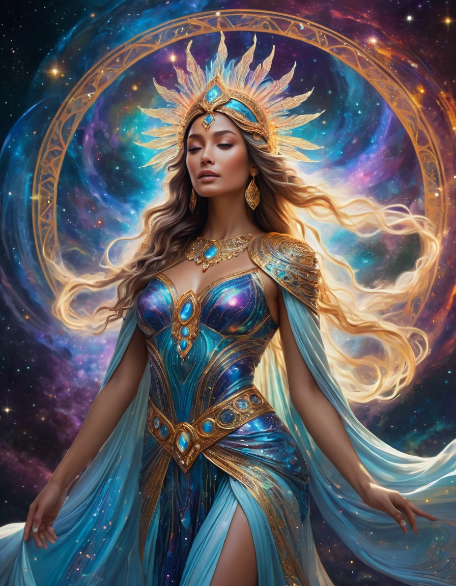 arafed image of a woman in a golden dress with a crown, goddess. extremely high detail, celestial goddess, a stunning portrait of a goddess, earth goddess mythology, goddess of space and time, lunar goddess, cosmic goddess, portrait of a cosmic goddess, goddess of light, portrait of a beautiful goddess, goddess of galaxies, moon goddess
