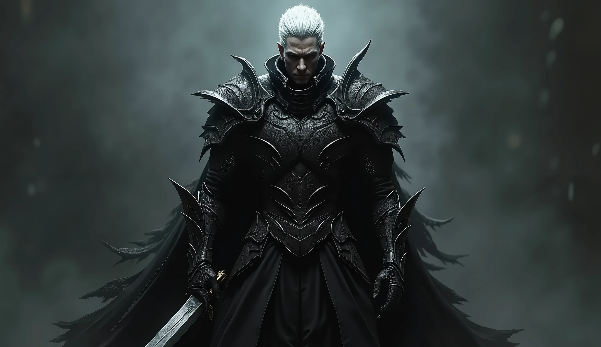 man with black clothing inspired by the game Nier Automata with a big sword on the back, 4k, high resolution, masterpiece, best quality, sharp focus, (cinematic lighting), [:(detailed face:1.2):0.2]