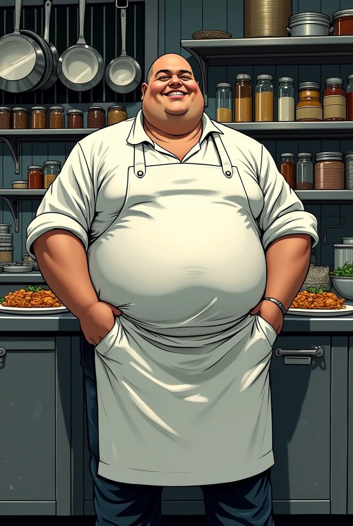A bald, fat man, old man wearing mechanic's clothes, wear glass, covered in grease