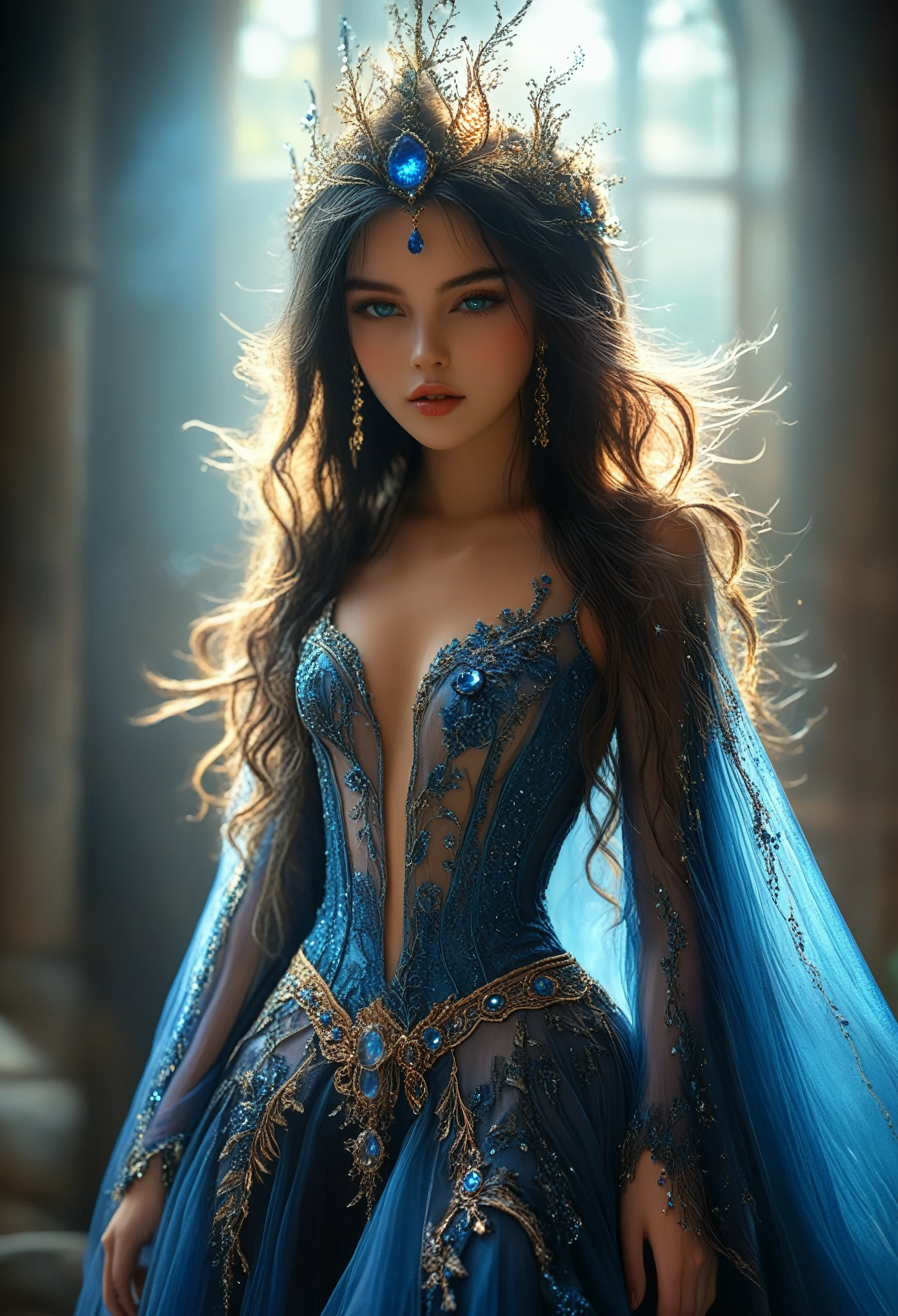 (top quality, 4K), Charming Witch, Public dress code，Demonstration of exquisite princess dresses, Majestically decorated with blue shades, The very detailed description shows every detail, The tulle is light and flowing., Texture of velvet or brocade with sequins, The exquisite headdress emphasizes her noble character..., Decorated with blue gemstones and fine silk threads, Expressive and asymmetrical facial features, The folds of the fabric are clearly visible., There is a bright halo around her.., The moonlight shimmered on her skirt..., The luminous atmosphere creates a feeling of eternity., Unearthly charm., many small details, masterpiece, very beautiful view, Colorful Colors, Magic and Witchcraft,Grade_9, Grade_8_up, Grade_7_up, dramatic lighting, very detailed, high budget, hips, cinemascope, capricious, epic, fabulous, Film grain, grainy, masterpiece, high quality, ideal anatomy, Very aesthetically pleasing, official art, 8 K, shine, novuschroma70 style, hkmagic, in full growth, you can see the feet in the shoes, 