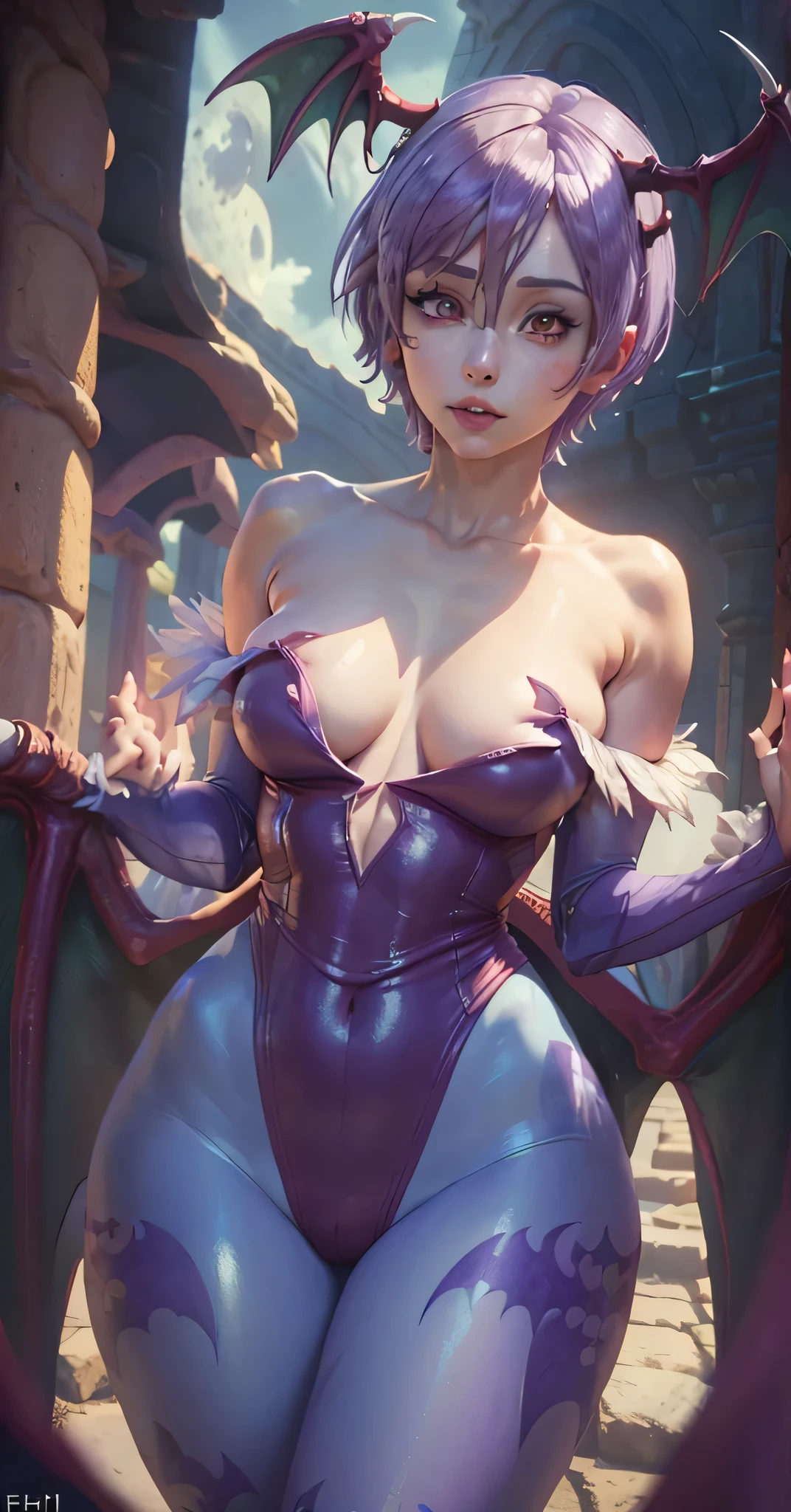 (((Lilith aensland Purple hair))),(best quality,4k,8k,highres,masterpiece:1.2),ultra-detailed,(realistic,photorealistic,photo-realistic:1.37), (((Felicia))) beautiful detailed face,detailed eyes,beautiful detailed lips,long eyelashes,beautiful goddess,sensual goddess,beautiful large breasts,beautiful wide hips,small waist,close-up,full moon (((Masterpiece )))(((Her dress covering her breasts )))