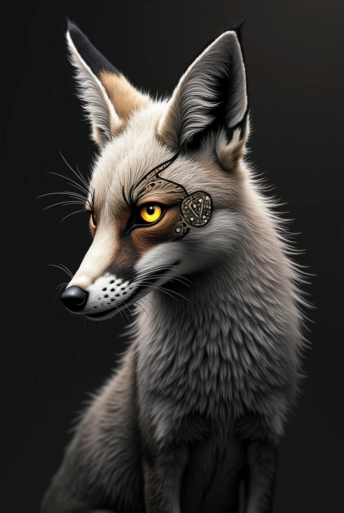 Create a blackwork style tattoo of a fox with a golden mechanical eye and a long scar from the forehead to the jaw cutting through the eye and the other reddish brown eye 