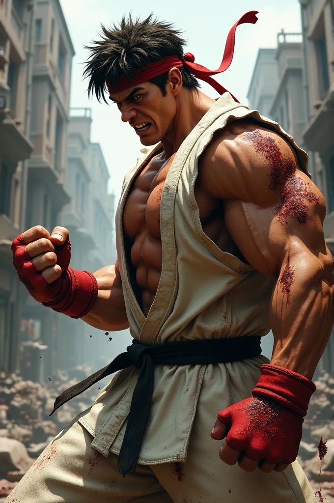 Kazuya is in a fighting stance, with his fists clenched and his arms slightly flexed. He is looking straight ahead with an intense expression. The background is a destroyed cityscape at night, with buildings in ruins and smoke all around.