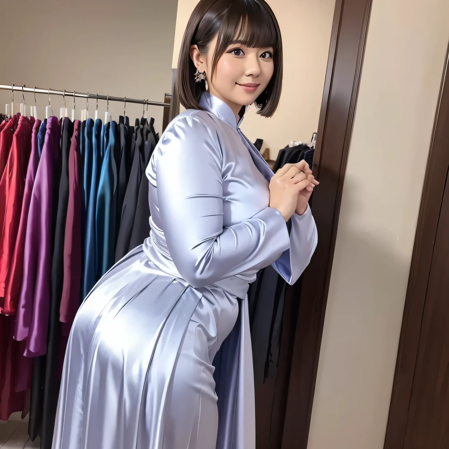 (8k, Best Quality, Ultra HD,masterpiece: 1.2)She is wearing a metallic ao dai made of silk satin with a strong shine.:1.8,She is wearing a metallic long pleated skirt:1.8,,gigantic breasts:1.8,Plump,Chubby,smile,bigbody,Very fat,blunt bangs:1.3,Hair tucked behind ear,Wearing large earrings,Photo taken at a satin clothing store:1.5,Long pleated satin skirt:1.8,satin long coat:1.8,Ass to the camera:1.5,Her butt is facing me:1.2