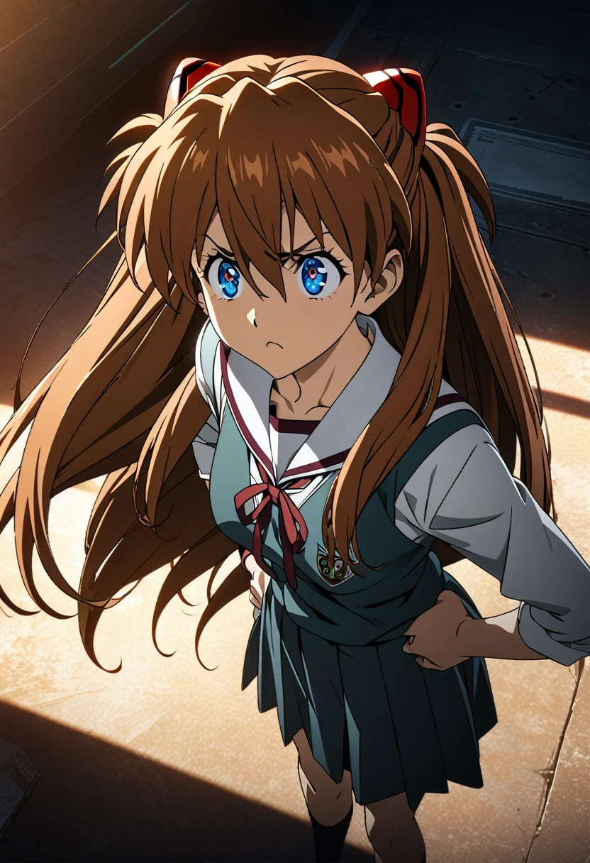 asuka langley soryu, long hair, bangs, blue eyes, brown hair, hair ornament,Highest quality, High resolution, unity 8k wallpaper, (Beautiful detailed eyes:1.6), Highly detailed face, Perfect lighting, Highly detailed CG,She is wearing a school uniform and standing with her hands on her hips.。The expression is angry、Full body illustration