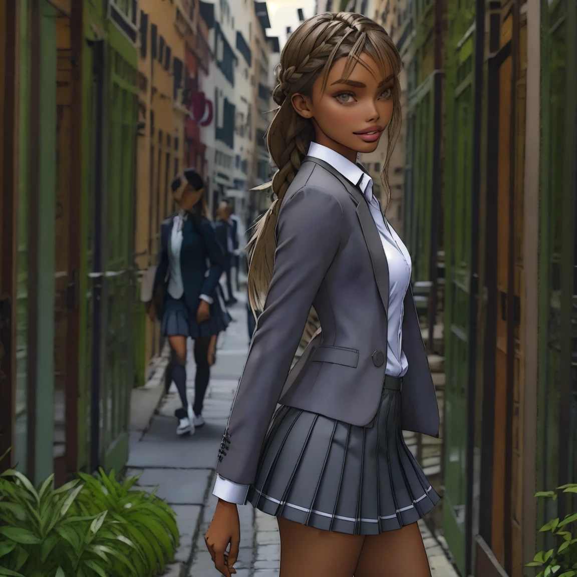 slmn, jasmine tookes,1girl, skinny, masterpiece,best quality,highres,ultra-detailed,aadarjeeling,braid,bangs,school uniform,(grey blazer),emblem,collared shirt,long sleeves,pleated miniskirt,outdoors,standing,:smile,cowboy shot, from side,