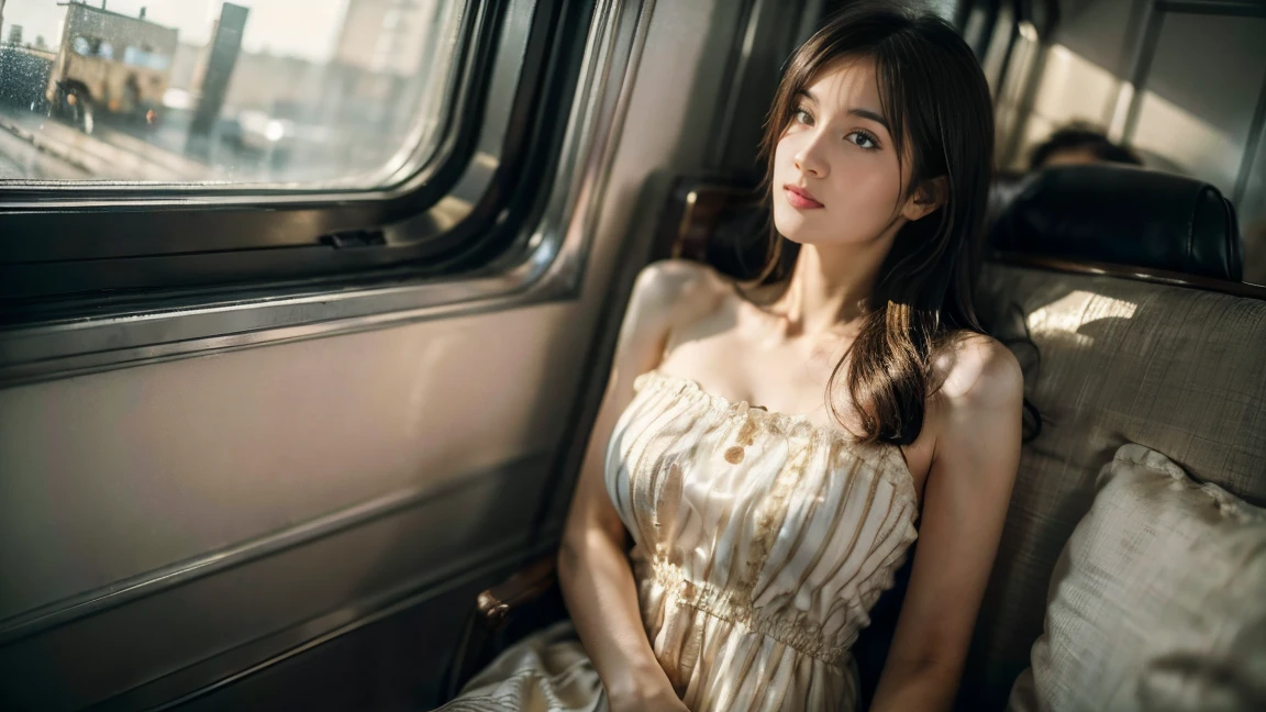 (Best Quality, Super detailed, Golden Ratio, masterpiece:1.2), Dramatic lighting:0.7, Girl Photos, Very elegant and pretty dress, Perfect rare face, (Very detailed肌), Long black hair, bangs、laugh at, Skin Texture, Pale skin, Shiny skin, (thin, Large size:1.2), [:(Sharp focus on unusual faces, Perfect Eyes:1.2):0.2], Realistic, Film Grain, Put one foot in front of the other、Looking up from below、View your viewers、Focus on the shoulders, Focus on the face、stockings、Glasses、Laugh with the corners of your mouth turned up、A look of disgust, Summer Haze, Calm colors, Warm colors, Photo Cinematic Portraiture of a woman dressed in a striped dress sitting by the window in the early morning, Cinematic, (Inclined:1.3) (Riding an old train) Looks wary, Standing under the spotlight, Dust cloud, Key Light, Backlight, Soft natural light, Photo Film Grain ISO 400 30 mm Lens RAW f1.8 apertures, Very detailed (Analogue photography:1), 色 hdr, Miabel 4, Portraiture