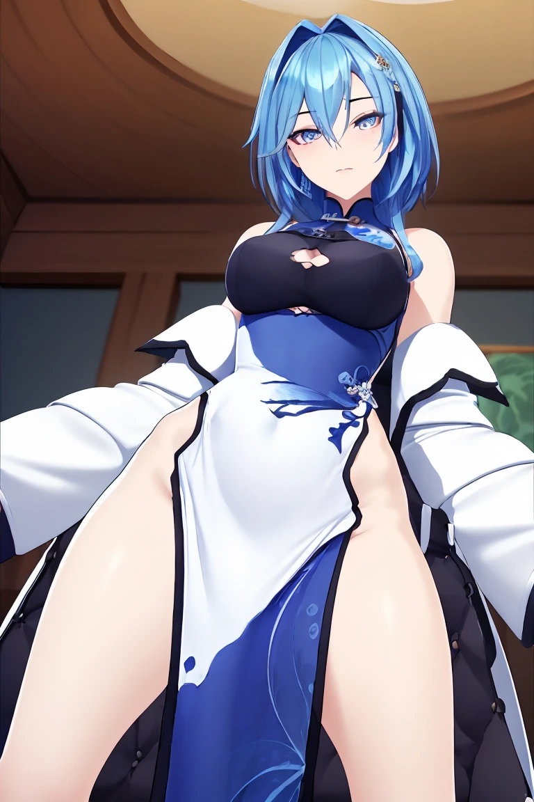  ï¼1girl, solo, breasts, yelan_\(genshin_impact\),short_hair, bangs, blue_hair, asymmetrical_gloves, looking_at_viewer,,((areola slip)), ((Areola)),((nipple)), long hair, looking at viewer, medium_breasts, navel, o-ring, Standing, (White Seethrough swimsuit:1.3), ((focus on pussy)), from pussy