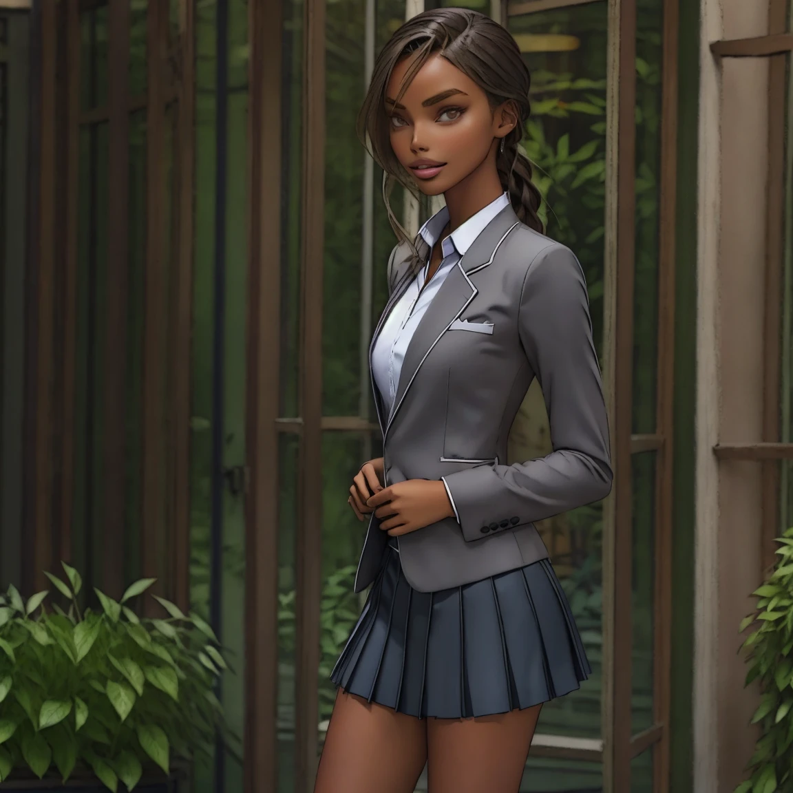 slmn, jasmine tookes,1girl, skinny, masterpiece,best quality,highres,ultra-detailed,aadarjeeling,braid,bangs,school uniform,(grey blazer),emblem,collared shirt,long sleeves,pleated miniskirt,outdoors,standing,:smile,cowboy shot, from side,