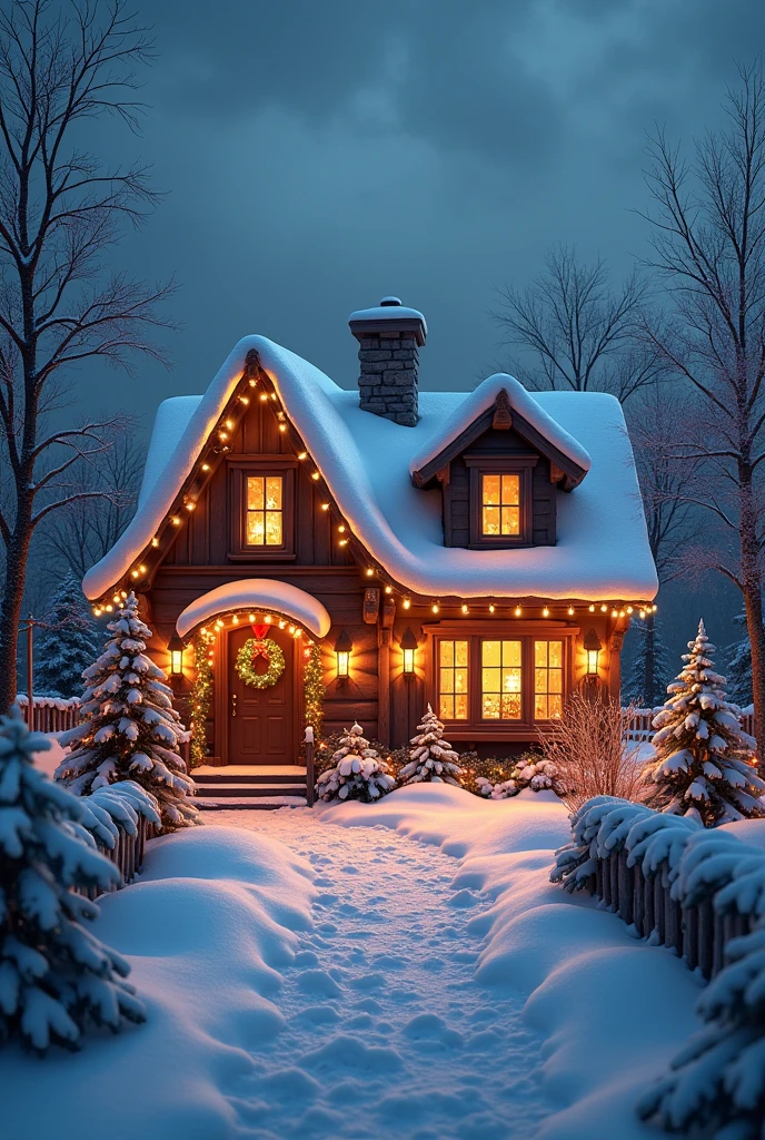 there is a christmas scene with a house with christmas decorations, highly detailed scene, cozy enchanted scene, christmas night, christmas night de inverno nevada, the lights are on in the windows, Realistic fantasy rendering, beautiful rendering of a fairy tale, cozy winter scene fantasy background, immensely detailed scene, the windows are lit, Highly detailed rendering, Winter scenery,I want Christmas decoration, horizontal photo for me to print for a photo background
