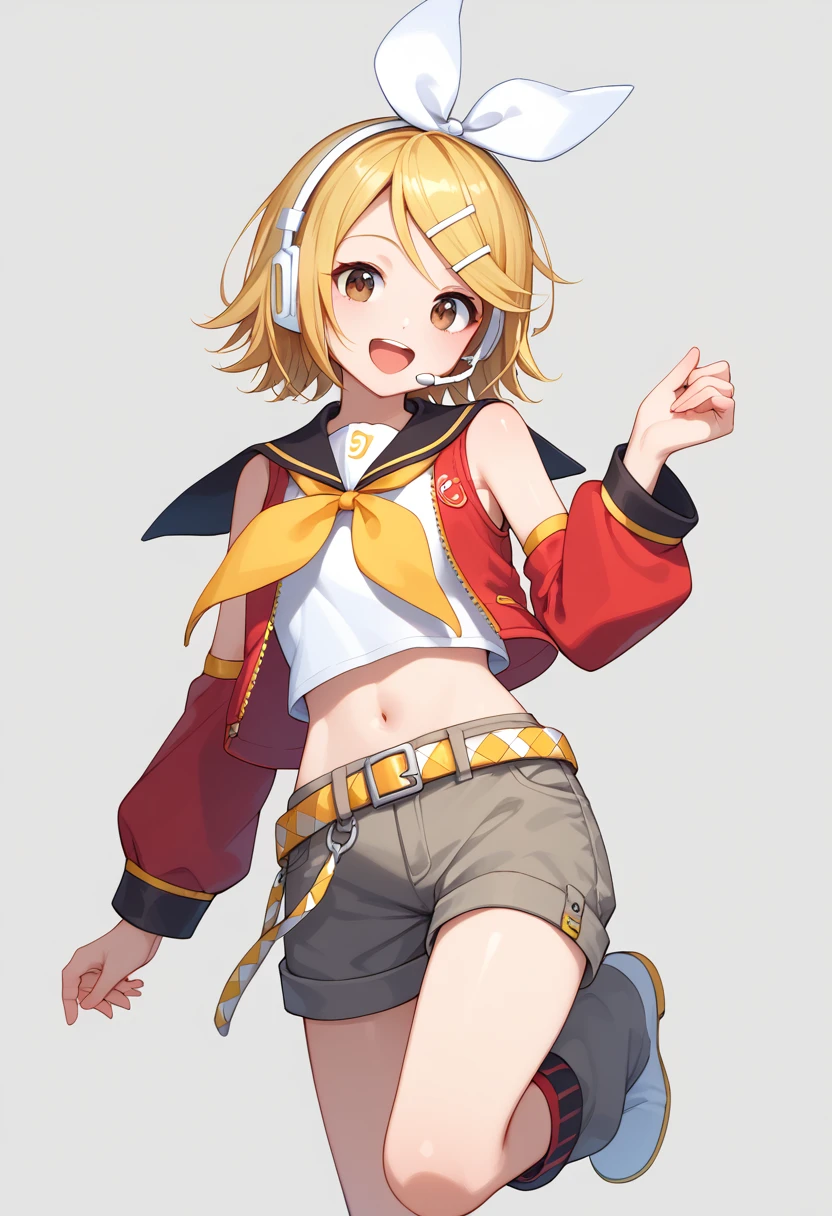 score_9, score_8_up, score_7_up,score_6_up, score_5_up, score_4_up , 1girl, solo, meiko, (brown eyes:1.5), brown hair, short hair,, bare arms, crop top, jacket, midriff, miniskirt, navel, red jacket, red skirt, skirt, sleeveless, sleeveless jacket, wrist cuffs, rin kagamine, blonde hair, blue eyes, hair bow, headset, short hair, headphones, bare shoulders, belt, black sailor collar, black shorts, bow, crop top, detached sleeves, grey legwear, grey shorts, grey sleeves, hair bow, leg warmers, neckerchief, sailor collar, , shirt, short shorts, short sleeves, shorts, white bow, white footwear, white shirt, yellow neckerchief, happy, cowboy shot, simple background