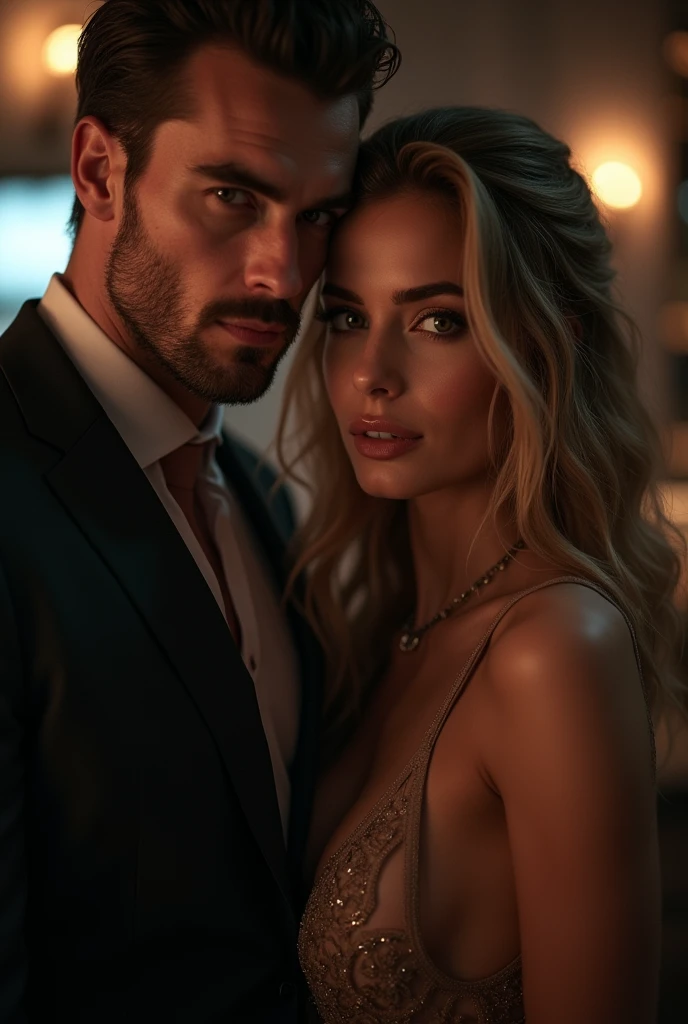 A woman with highlighted blonde hair. She is wearing an elegant blue dress, in the dark London night, in a forbidden and provocative environment, next to her handsome fiancé, strong man, shirt mogul, blond, blue eyes, wearing a black suit, realistic, intricate details, high resolution, artwork, best quality, intricate details, highly detailed, sharp focus, detailed skin, Realistic skin texture, texture, detailed eyes, professional, 4k, shot on Canon, 85mm, shallow depth field, Kodak Vision Colors, perfectly shaped body, extremely detailed, photo_\(ultra\), photoRealistic, Realistic, Post-processing, maximum detail, roughness, Real life, ultra Realistic, photorealism,