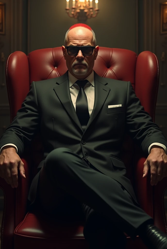 a man sitting on a chair like mafia boss with red semi kalbo hair with black shades 