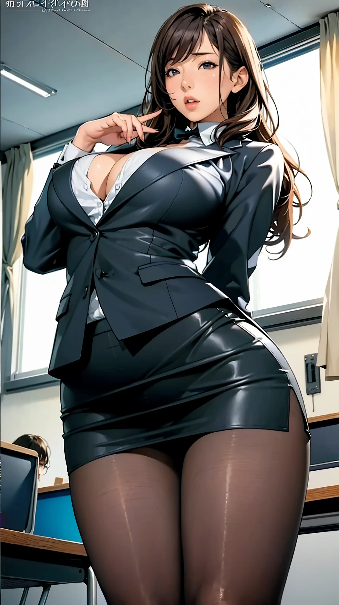 Close-up: A female teacher with huge breasts and very long legs stands in front of the blackboard in the classroom, opening the front of her suit jacket and seducing. Emphasizing cleavage. Miniskirt, pantyhose, long hair, ((view from below)).