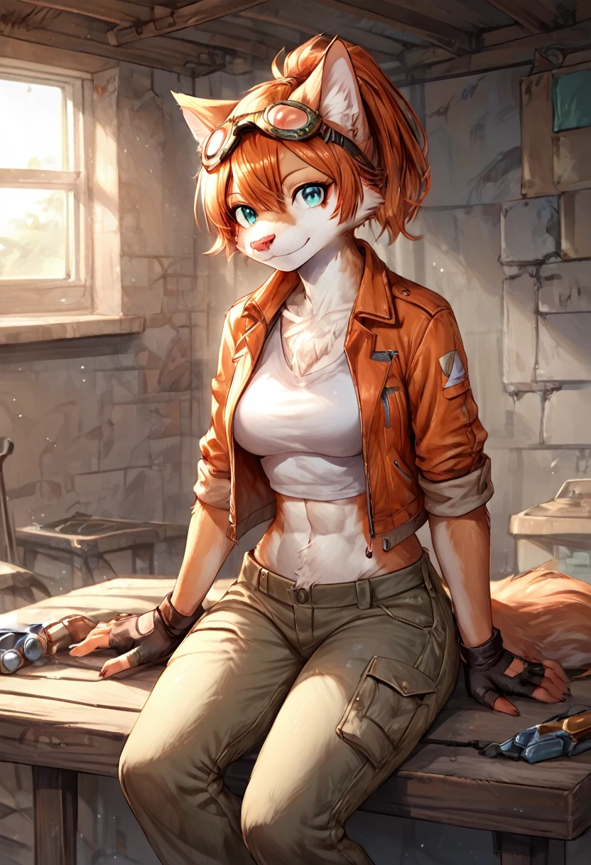 score_9, score_8_up, score_7_up, score_6_up, score_5_up, score_4_up, (solo), female anthro cat, solo, workshop, ponytail orange hair, dark turquoise eyes, sitting,  cargo pants, jacket, shirt, midriff, fingerless gloves, goggles, modern, [[subtle abs]], smiling, light brown fur