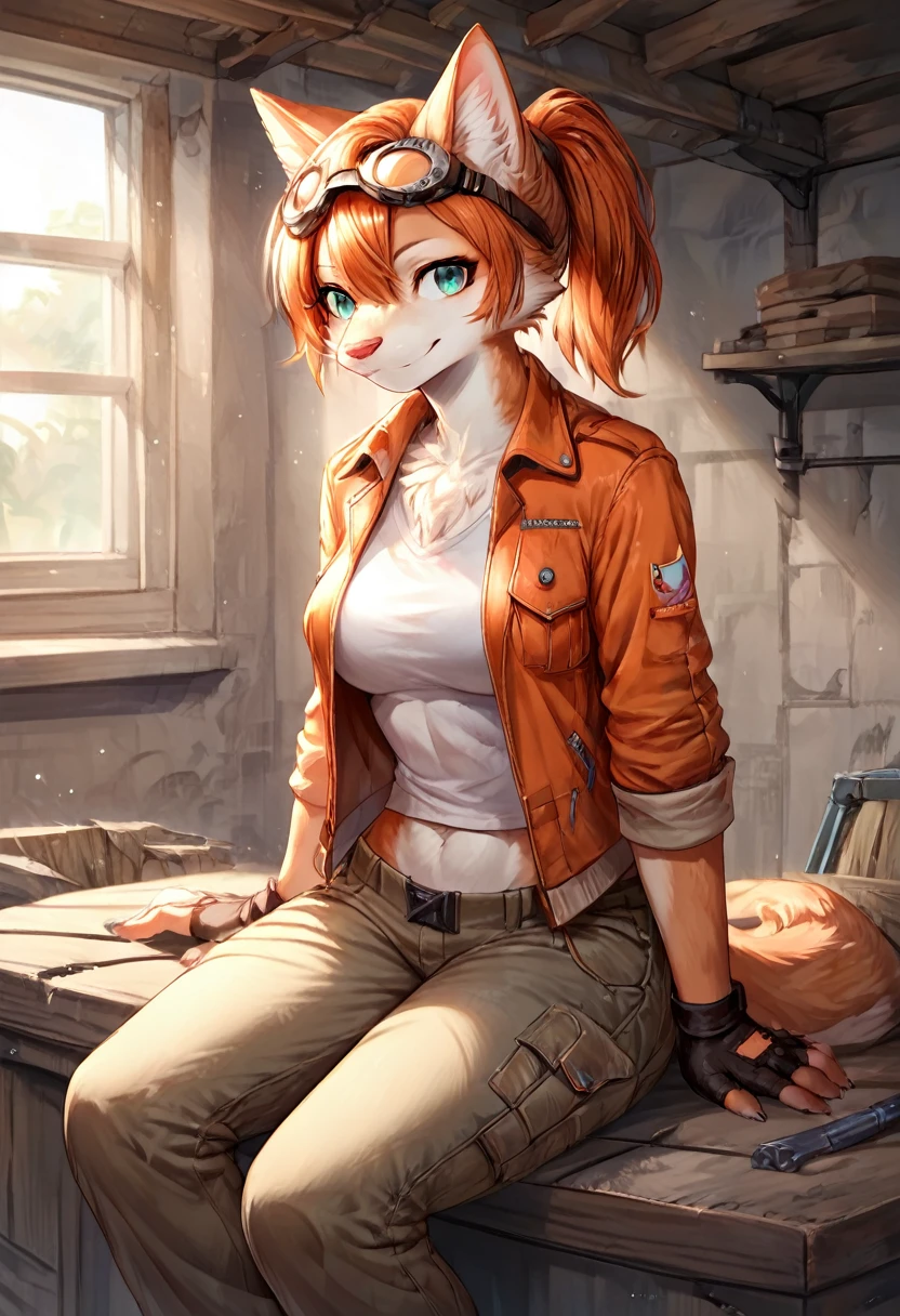 score_9, score_8_up, score_7_up, score_6_up, score_5_up, score_4_up, (solo), female anthro cat, solo, workshop, ponytail orange hair, dark turquoise eyes, sitting,  cargo pants, jacket, shirt, midriff, fingerless gloves, goggles, modern, [[subtle abs]], smiling, light brown fur