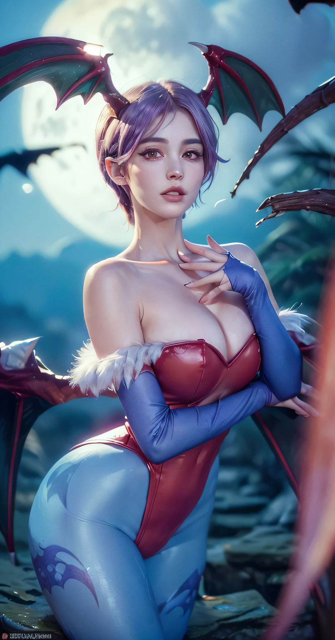 (best quality,4k,8k,highres,masterpiece:1.2),ultra-detailed,(realistic,photorealistic,photo-realistic:1.37), (((Lilith aensland)) beautiful detailed face,detailed eyes,beautiful detailed lips,long eyelashes,beautiful goddess,sensual goddess,beautiful large breasts,beautiful wide hips,small waist,close-up,full moon (((Masterpiece )))