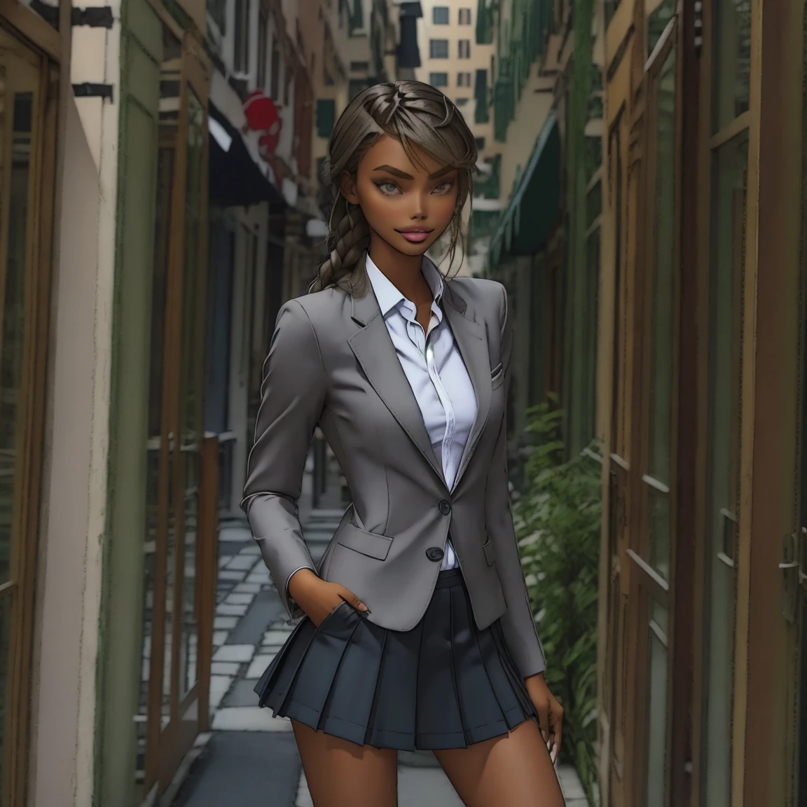 slmn, jasmine tookes,1girl, skinny, masterpiece,best quality,highres,ultra-detailed,aadarjeeling,braid,bangs,school uniform,(grey blazer),emblemnecktie,collared shirt,long sleeves,pleated miniskirt,outdoors,standing,:smile,cowboy shot, from side,