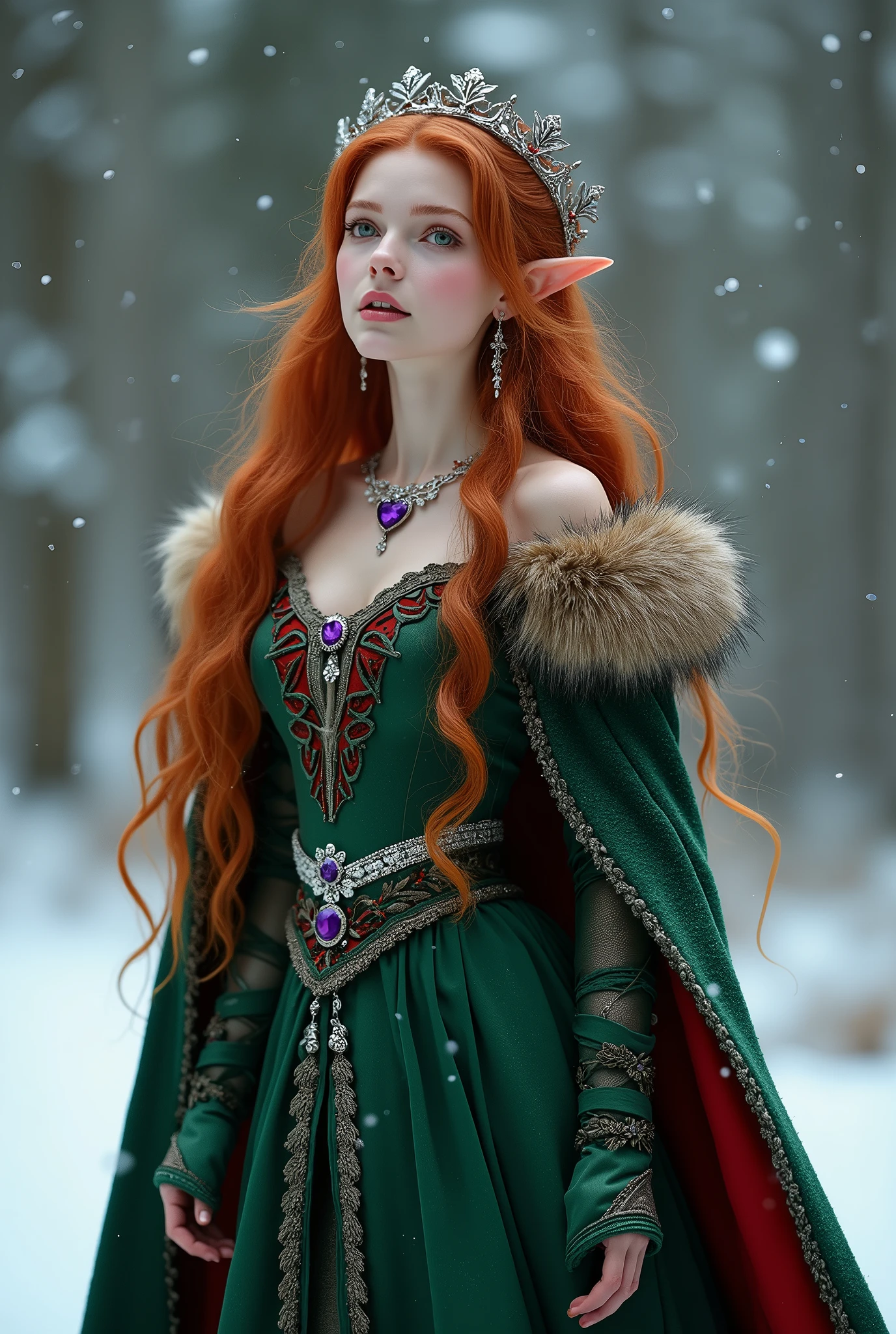 In this snowy holiday scene, we see the gorgeous elvin princess, Yrail. The princess has flowing red hair and is wearing a small silver holly-patterned tiara with a heart shaped Purple gem set in the center. She is wearing an alluring forest green and red holiday ball gown trimmed with a silver holly pattern. She wears a braided silver cord around her waist to accentuate her nubile, hourglass figure and on her feet we see a matching pair of green boots. She is also wearing a beautiful silver necklace with a purple gem set in the center and matching earrings in her small, delicate pointed ears. Over her gown, she wears a forest green, fur-lined cloak with a red lining. She is the picture of beauty and perfection as she sings to an unseen audience as the snow falls around her. perfect body, perfect hands, gold eyes, c-cup breasts, beautiful, seductive, 8K, Fujifilm, ultrarealistic, action