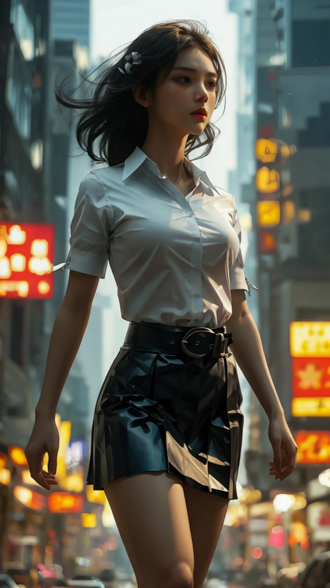 A towering Giantess in a white shirt, short sleeves, black color pleated skirt, black belt, looking at viewers, Her toned and she lean and slender body. She seems to be casually strolling through the bustling cityscape of Bangkok City, skytrain, as towering buildings loom overhead. Smoke and clouds roil around her, adding to the sense of epic scale and drama. The lighting is clear and realistic full body, The perspective is from below.