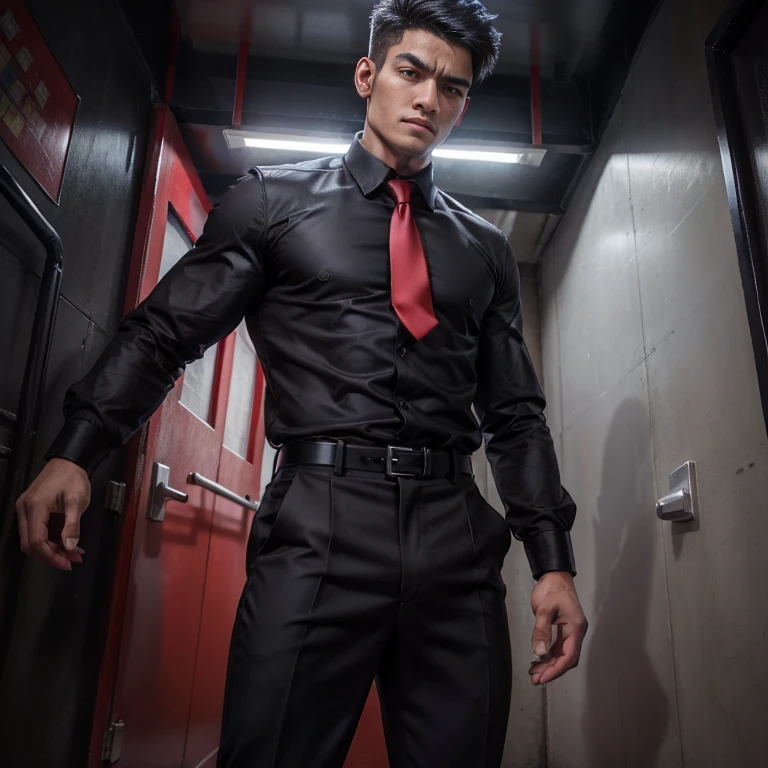 4,One Man,、good looking。Black Shirt、Red Tie、Black trousers、Dhaka – Fighters、look out、indoor。In front of the entrance、logic,Gay ,Very short hair、　,Asian Face,、　good looking　View from below　　Menacing look