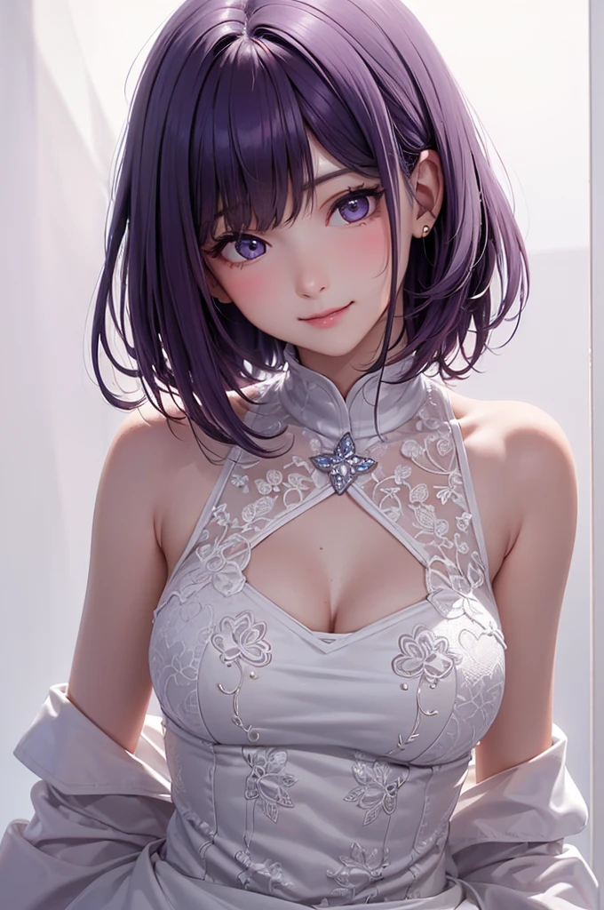 Best Quality,High resolution,8k,(plain white background, no patterns, no textures, just a plain white background:1.3),Masterpiece:1.2),beautiful girl,Big Breasts,(Glossy, deep purple hair:1.3),bob cut,Beautiful purple eyes,Black shirt,Shorts,Gentle look,A refreshing look,smile,Best quality,Best Quality,Aesthetic and aesthetic:1.2,Best details((Super detailed))(High-definition CG illustrations),Slender body,smile,blush,cute,Scrounge,Looking up,Being spoiled,super model