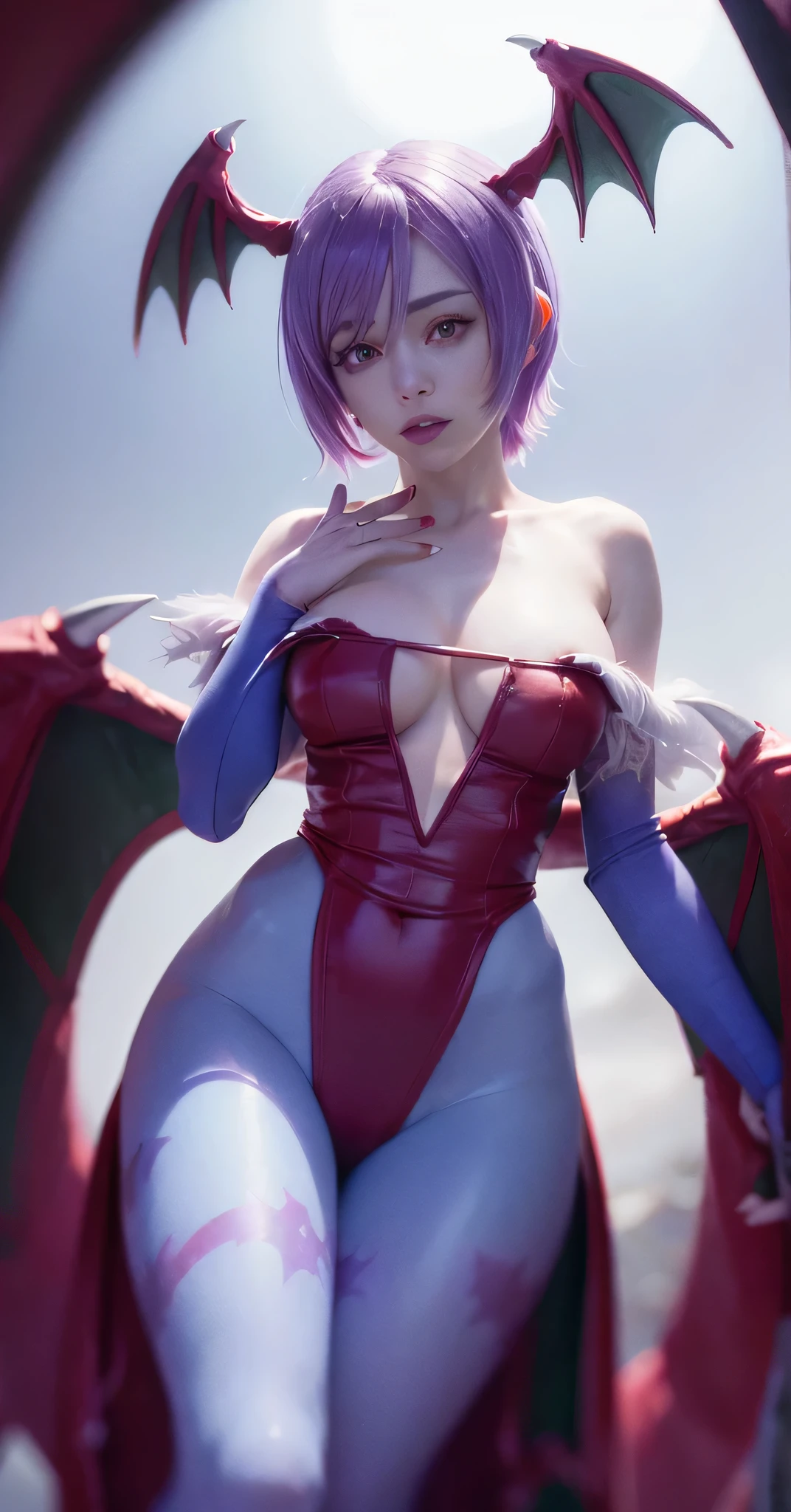 (((Lilith aensland Purple hair))),(best quality,4k,8k,highres,masterpiece:1.2),ultra-detailed,(realistic,photorealistic,photo-realistic:1.37), (((Felicia))) beautiful detailed face,detailed eyes,beautiful detailed lips,long eyelashes,beautiful goddess,sensual goddess,beautiful large breasts,beautiful wide hips,small waist,close-up,full moon (((Masterpiece )))(((Her dress covering her breasts )))