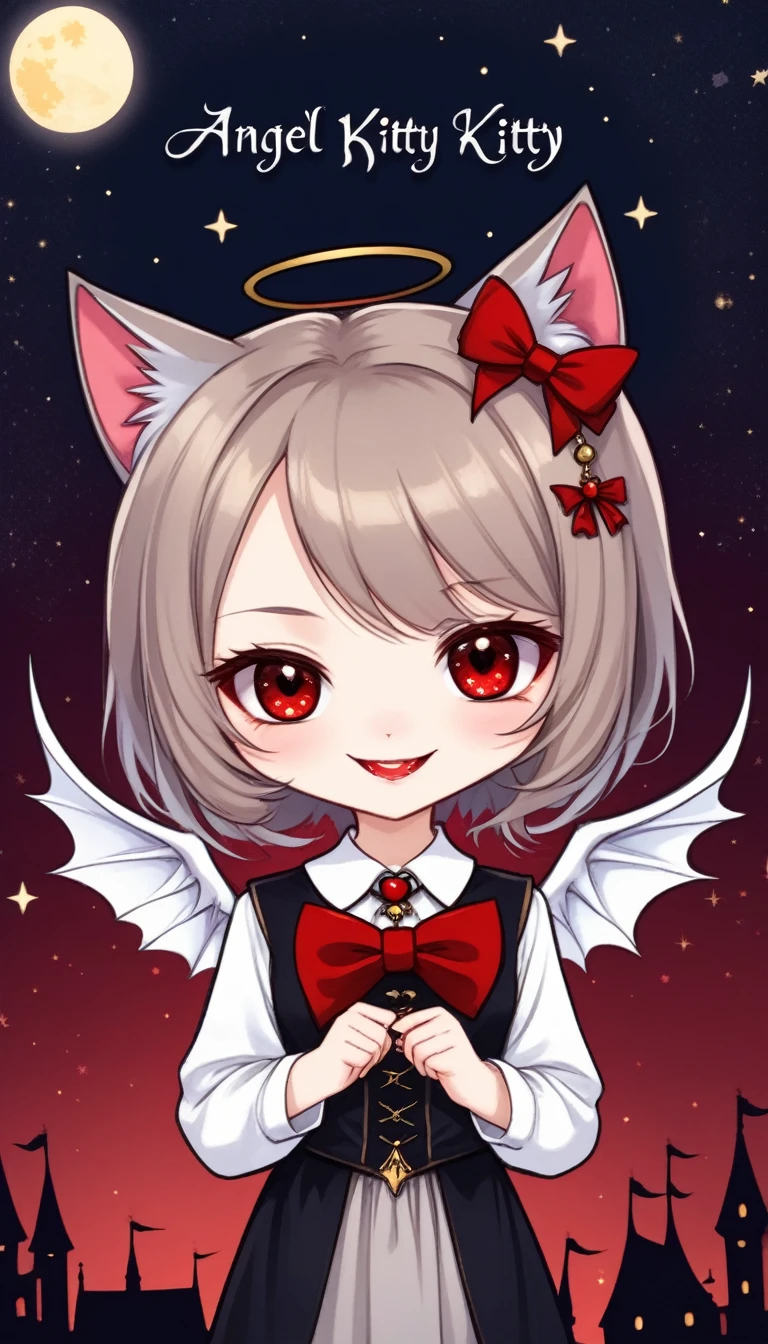 1girl, chibi style, vampire girl, red eyes, vampire fangs, bow tie on head, happy face, holding fansign with text "Angel Kitty", text font style medieval, sparkling star and moon background