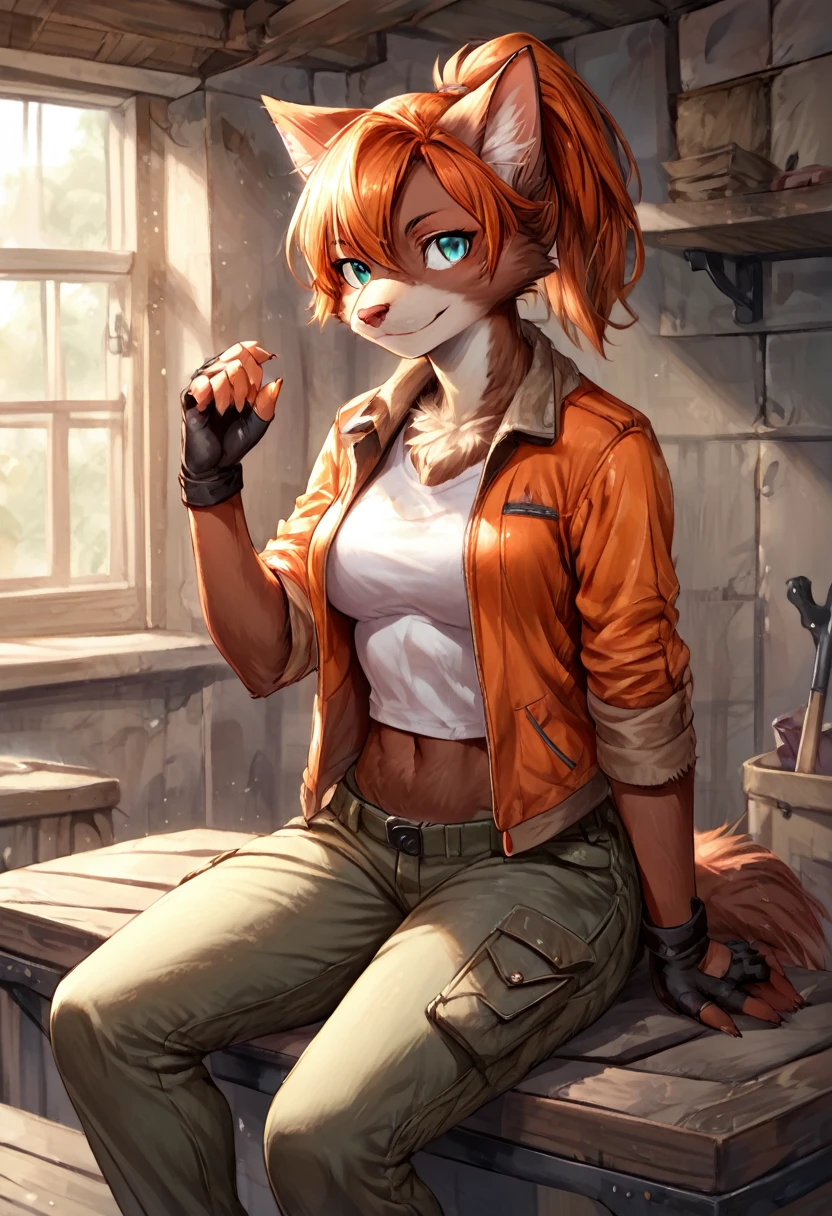 score_9, score_8_up, score_7_up, score_6_up, score_5_up, score_4_up, (solo), female anthro cat, solo, workshop, ponytail orange hair, dark turquoise eyes, sitting,  cargo pants, jacket, shirt, midriff, fingerless gloves, goggles, modern, [[subtle abs]], smiling,  brown fur