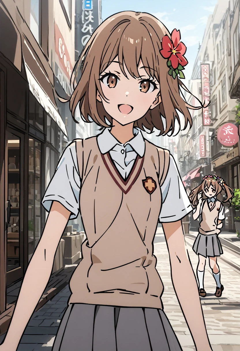 Score_9, Score_8_superior, Score_7_superior, Score_6_superior, No correction, One girl, ミコトがsuperiorがった, Short Hair, Brown Hair, Hair accessories, Hair Flowers, Brown eyes, skinny, Slender body, tiny, Small breasts, skirt, shirt, School uniform, white shirt, Short sleeve, pleated skirt, grey skirt, Sweater vest, tokiwadai School uniform, V-neck, White socks, loafers, Outdoor, city, shop, Day, street, Cafe, enjoy window shopping, put your hands in your hair, walk, [profile, superiorper body, smile, Open your mouth and throw, View your viewers, (Reaching out towards the viewer:1.1), masterpiece, Best Quality,