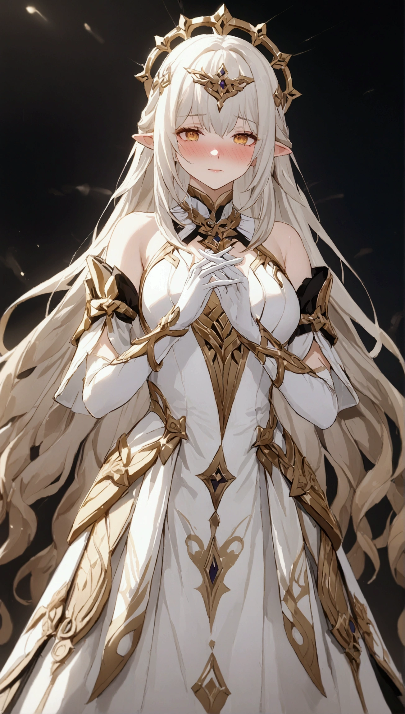 (Masterpiece. The best quality. 8K. Sharp focus. Depth of field, The best shadows. Perfect lighting. HDR. Realistic skin texture. Ultra-detailed background. Detail). Anime style. Genshin Impact. 1 girl. Goddess. Goddess of Celestia. Unknown Goddess. Guardian of the heavenly order. Asmodeus. Snow-white hair. Long hair. Ultra-detailed hair quality. Two-tone eyes. Golden-amber eyes Beautiful eyes. Beautiful eyes. Expressive eyes. Ultra-detailed eye quality. Perfect face. Beautiful face. Beautiful nose. Thin lips. Light makeup. Ultra-detailed face quality. Perfect anatomical body. Slender body. Slender waist. Second size breasts. Beautiful arms. Rounded hips. Long, beautiful legs. Ultra-detailed body quality. Tight-fitting white jumpsuit with black and gold ornament.  White cape with black and gold pattern and red inside. White high boots with heels. Black and red elbow-length gloves. Ultra-high clothing detail. Cold. Runny nose. Sneezing. She sneezes. Sneezes covering her nose with her hands. Sneezes into her palms. No background. White background. No wallpaper. White wallpaper. Standing at full height. Standing at full height and sneezing covering her nose with her hands. Standing at full height. Standing at full height and sneezing into her palms. Slight fever. Slight blush. Embarrassment. Embarrassed look. Faint smile. Full body.