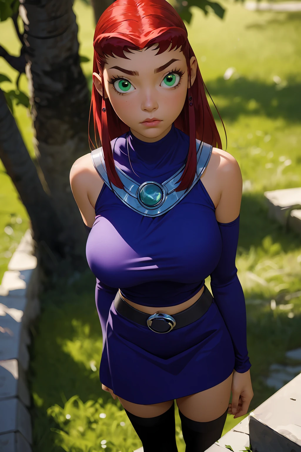 (ultra realistic,32k, masterpiece:1.2),(high detailed skin:1.1),( high quality:1.1),
starfire,v-shaped eyebrows,  1girl, solo, green eyes, long hair, red hair, orange skin, dark skin, dark-skinned female,turtleneck top,ruffle skirt,long sleeves, thigh highs, mediterranean town park,sunshine, trees,blurry background,, (huge breast,large breast:1.2),(looking at viewer, standing, from above:1.1),, (moody lighting:1.1),