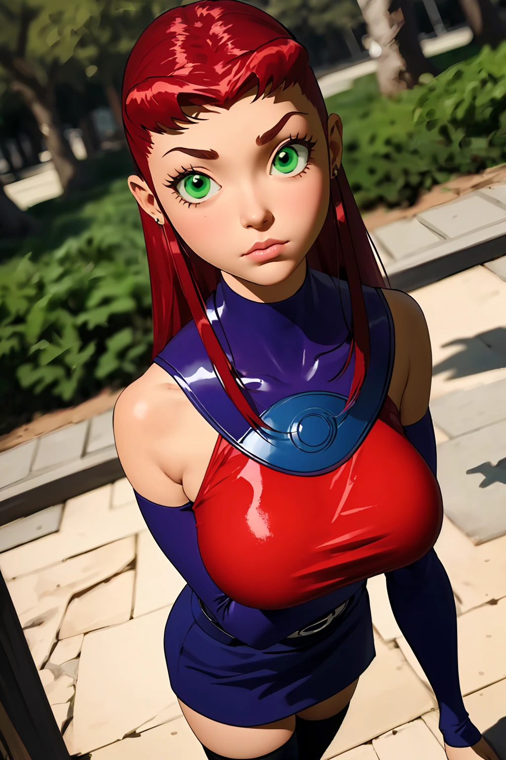 (ultra realistic,32k, masterpiece:1.2),(high detailed skin:1.1),( high quality:1.1),
starfire,v-shaped eyebrows,  1girl, solo, green eyes, long hair, red hair, orange skin, dark skin, dark-skinned female,turtleneck top,ruffle skirt,long sleeves, thigh highs, mediterranean town park,sunshine, trees,blurry background,, (huge breast,large breast:1.2),(looking at viewer, standing, from above:1.1),, (moody lighting:1.1),