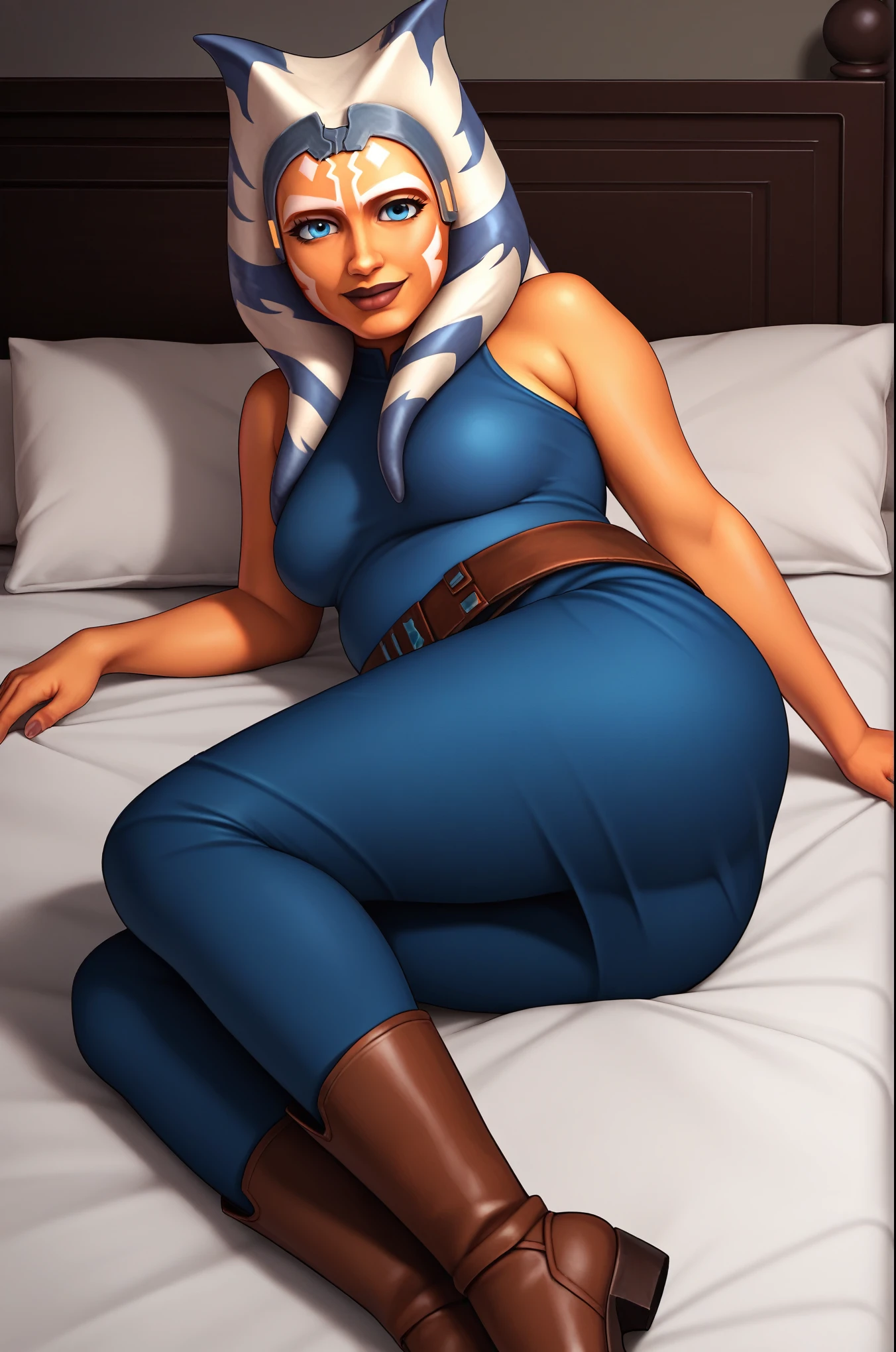 score_9, score_8_up, score_7_up, score_6_up, score_5_up, score_4_up, AhsokaTanoXL wearing latex seductive lingerie, blue eyes, tentacle hair, orange skin, colored skin, facial mark, medium breasts, black with red trim, dress, skirt, blue pants, bare shoulders, guantlets, hip armor, skirt,blue pants, brown boots, solo, seductively lying on bed in her lingerie, nude ,seductive smile, looking at viewer, indoors