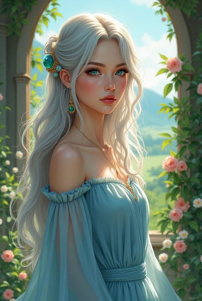 **Face**:  
Perfect facial features, refined and attractive appearance, charismatic and eye-catching.

**Race**: 
Human.

**Name**:  
Maryse.

**Sex**:  
Female.

**Age**:  
18 years old.

**Weight**:  
53 lbs.

**Height**:  
170 cm.

**Body**:  
Perfectly built, slender, with graceful muscles.

**Hair**:  
Medium, wavy, silver-white.

**Eye Color**:  
Azure.

**Mindset**:  
Law-neutral.

**Class**:  
SPECIAL.

**Character**:  
Infinitely kind, compassionate, but determined and confident in her abilities.

**Talents**:  
Talented in all things.

**Skills**:  
Martial, healing, musical, negotiation, and many more....

**Abilities**:  
Teleportation, mind reading, curing wounds with a single touch, control of the elements.

**Strength**:  
Above average physical strength, but will defeat a lot of people.

**Magic**:  
Superior magic capable of defeating anyone.

**Shielding**:  
Can defend himself in a variety of ways.

**Loves**:  
Helping others, nature, animals, music, reading ancient books.

**Dislikes**:  
Injustice, betrayal, destruction of nature, cruelty.

**Clothes**:  
Elegant, silk garments with silver thread embroidery.