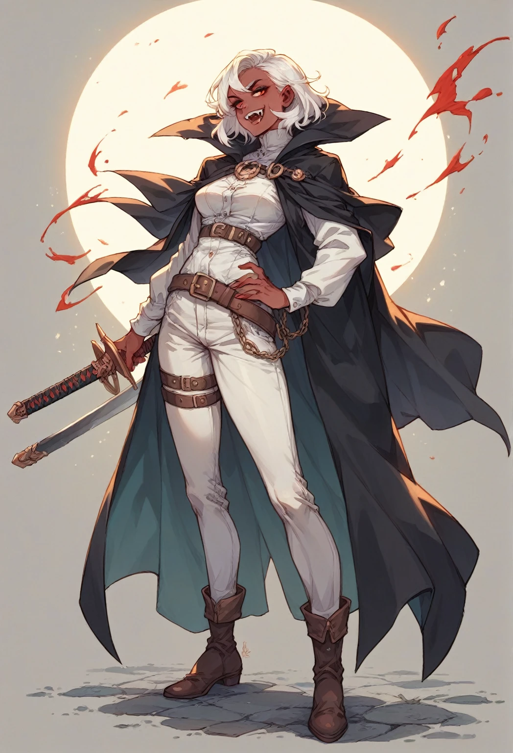  A white haired vampire child, giving a smile showing his fangs, she is wearing a black cape with a high collar, and a belt with BLOOD BOTTLES, in one of his hands he holds a long sword, is a (naughty man)! full body image