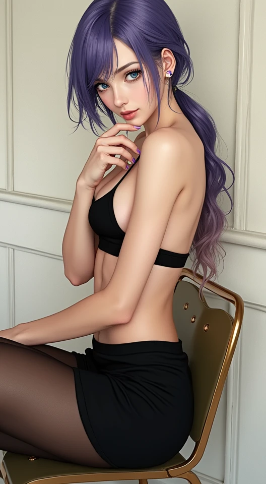 ((Cinematic light, Best quality, 8k, Masterpiece :1.3)), 1girl, Beautiful woman with thin abs :1.4, (purple hair, small breasts :1.3), rope panties, bra :1.2, hopefully falling, seductive open lips, sofa, ultra-detailed face, detailed eyes, double eyelidwork, best quality, Neeko, hair ornaments, hair flower, body painting,