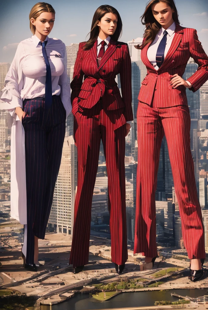 A young mother and her two daughters aged 18 and 20 each taller than 7 foot all wearing red pinstriped trouser suits, white shirts heels and a larger paisley necktie. Large breast giantess art tiny city