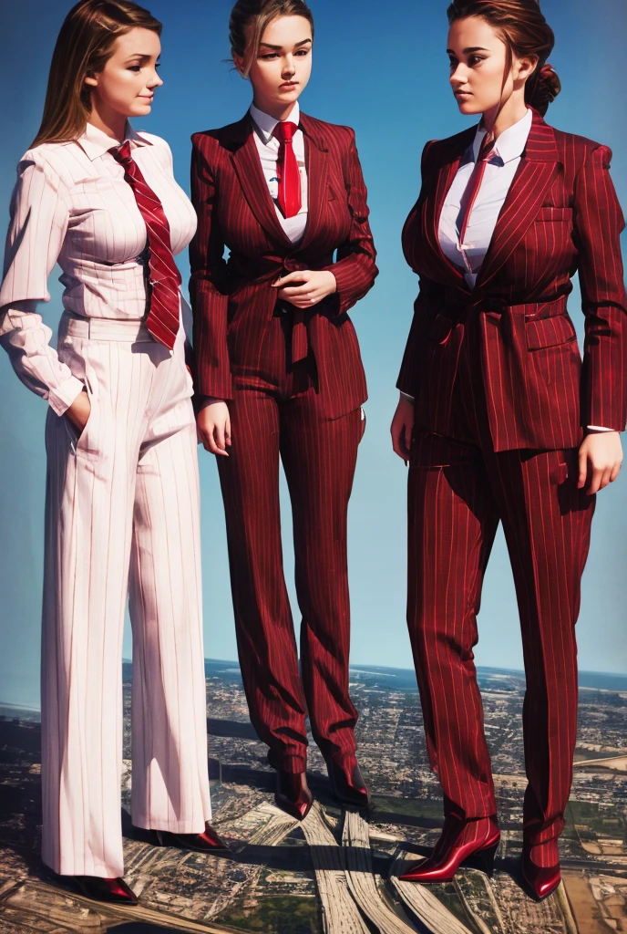 A young mother and her two daughters aged 18 and 20 each taller than 7 foot all wearing red pinstriped trouser suits, white shirts heels and a larger paisley necktie. Large breast giantess art tiny city