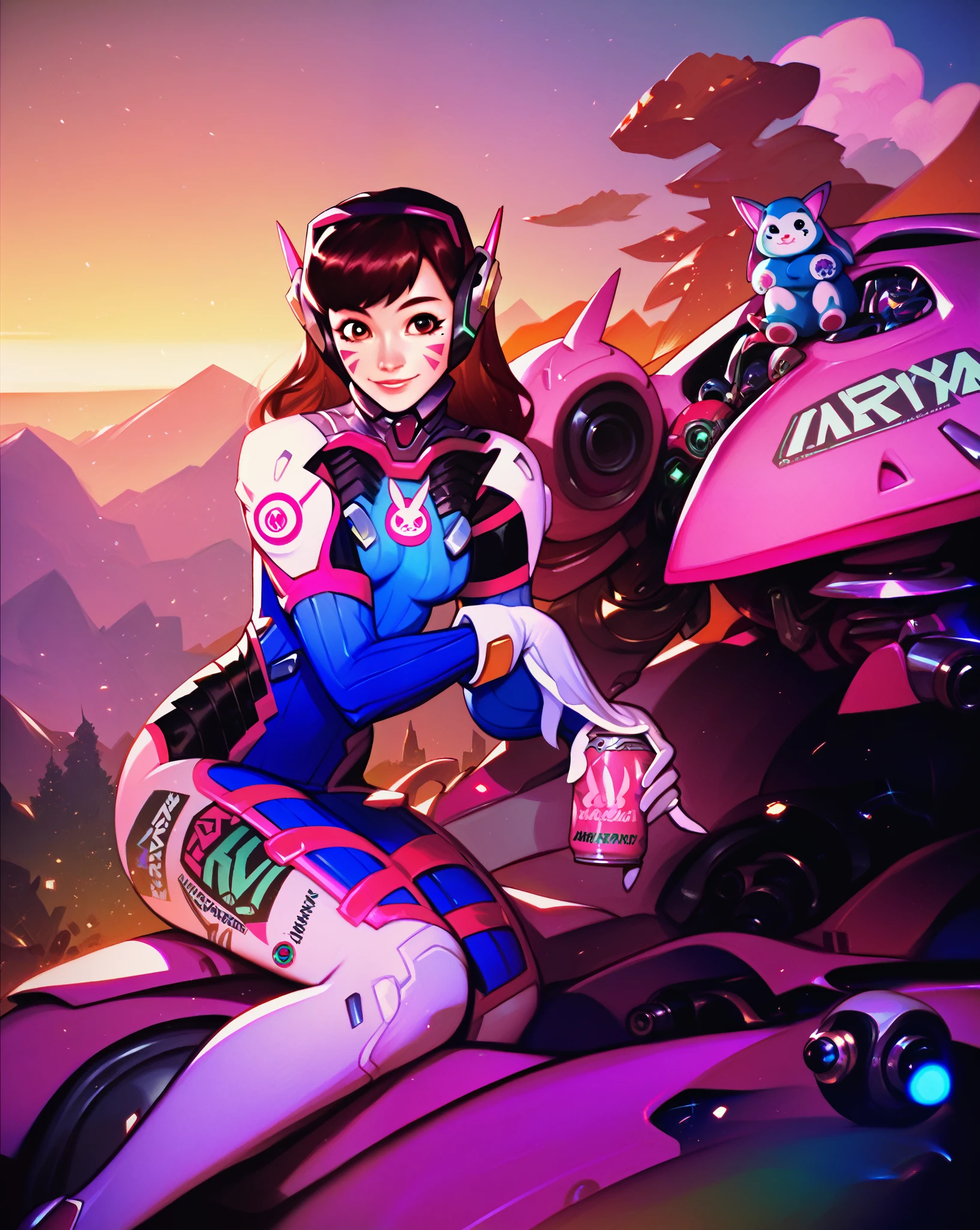 score_9, score_8_up, score_7_up, masterpiece, high quality 1girl, bodysuit, long hair, high collar, gloves, headphones, whisker markings, facepaint, shoulder pads, clothes writing, thigh boots, sitting on a mecha, smile, holding can, meka (overwatch), on a mountain, sun set
