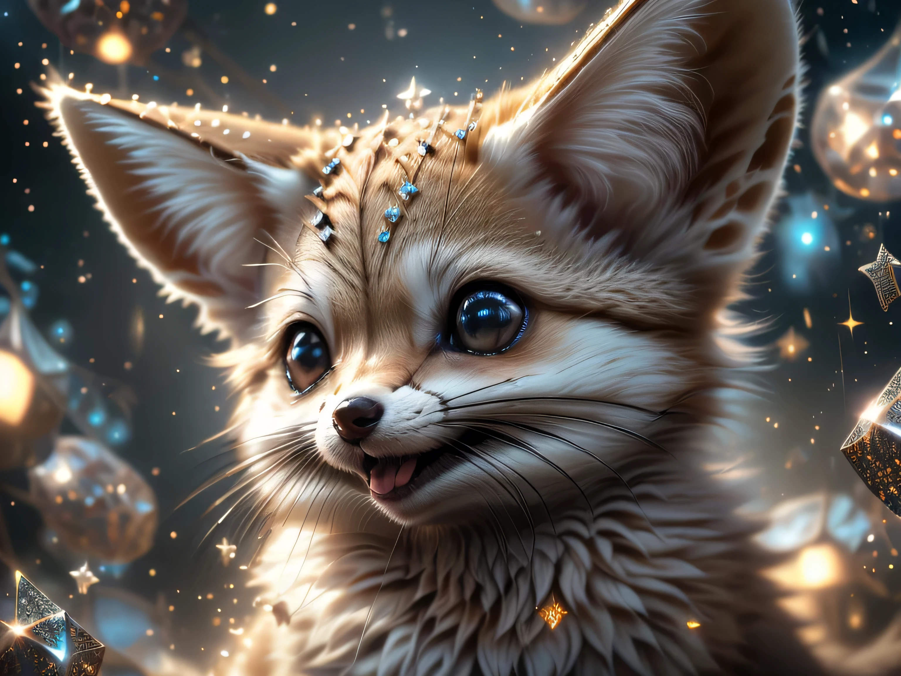close-up photo super cute, big-eyed, with a soft, gentle nose, fluffy, smiling with two teeth, fennec fox on a natural background, realistic, beautiful, sparkles, stars in the eyes, soft volumetric light, (backlight:1.3), (cinematic:1.2), intricate details, (ArtStation:1.3), Rutkowski --auto --s2