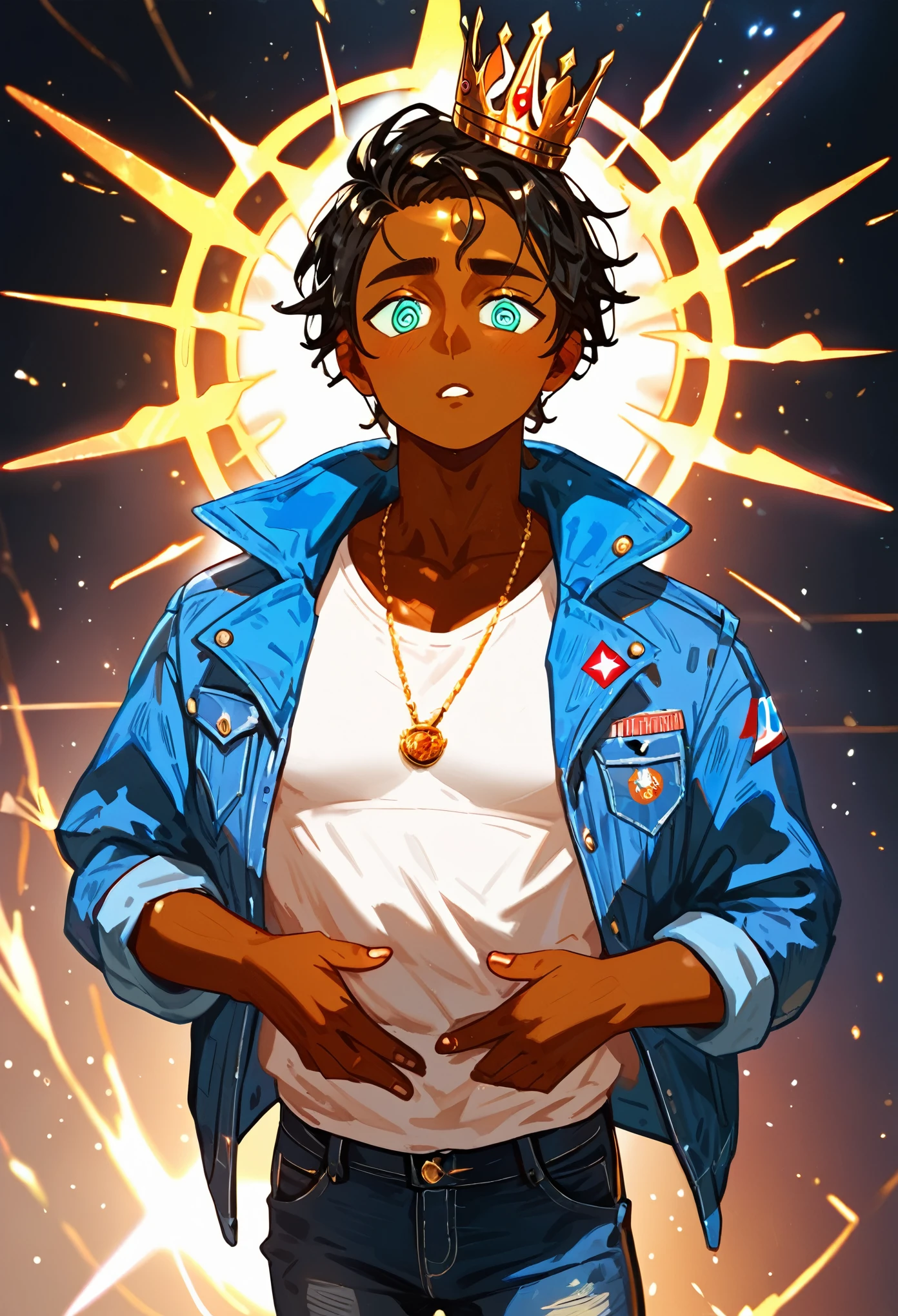 , score_9,score_8_up,score_7_up, mature men, African skin, Bright eyes, short black hair, bulk body shape, a golden shiny crown in your head, wearing a blue jacket and  jeans pants, summoning energy beam from the hands, illustration, character design 