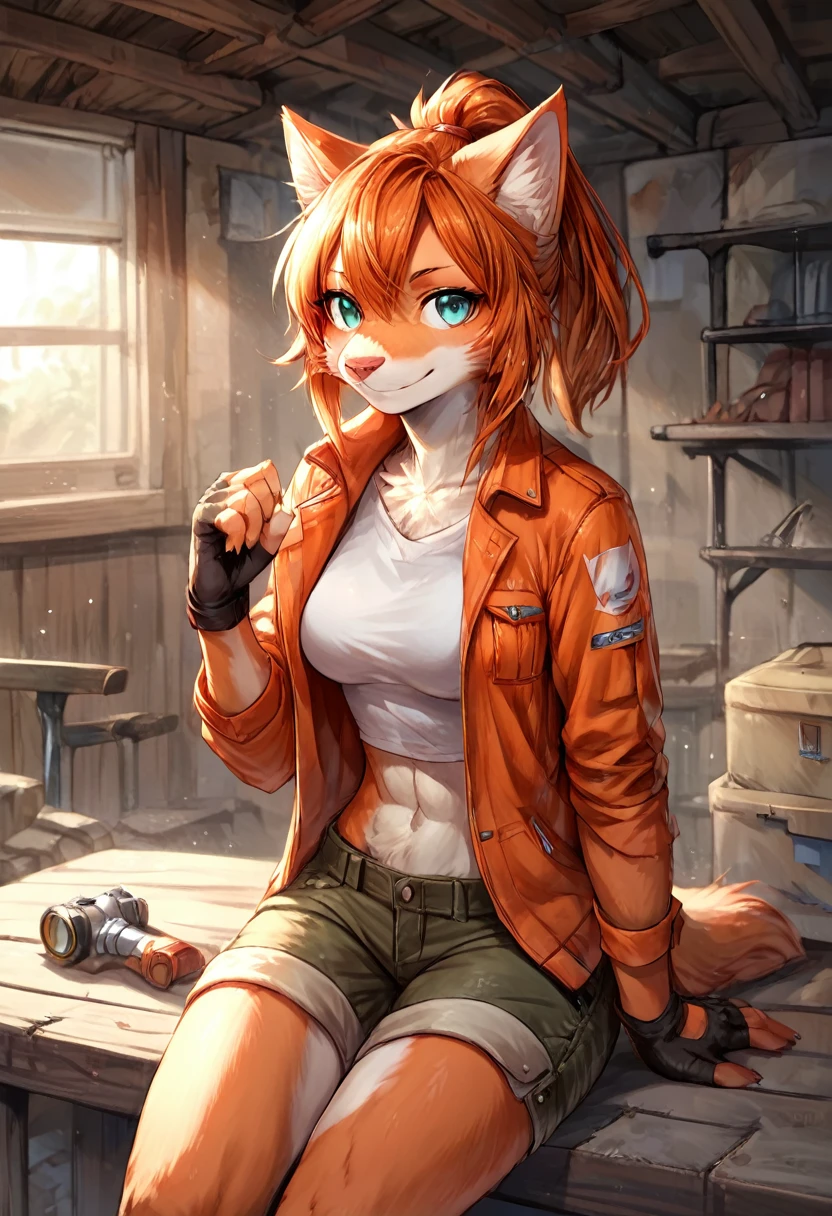 score_9, score_8_up, score_7_up, score_6_up, score_5_up, score_4_up, (solo), female anthro cat, solo, workshop, ponytail orange hair, dark turquoise eyes, sitting,  cargo shorts, jacket, shirt, midriff, fingerless gloves, goggles, modern, [[subtle abs]], smiling