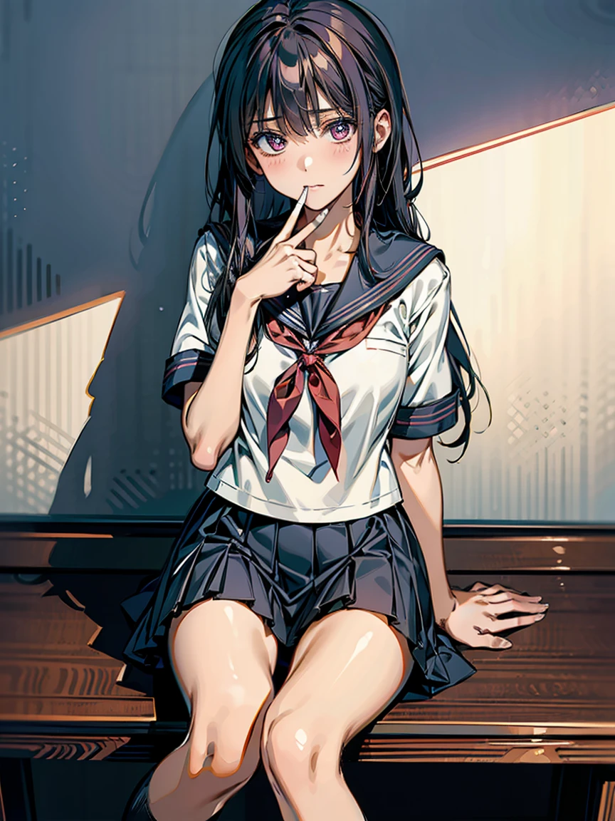 masterpiece, Best Quality, High resolution,Alone, Accurate human body、Correct 5 fingers,Anime girl、Sitting with legs crossed,Hold a cigarette in your mouth,smoking,Cigarette smoke drifts,  1 girl,Japanese girls uniform, Japanese School Uniform, High school girl, Seifuku, Anime Girl Cosplay, beautiful anime high High school girl, JK uniform, Girl in uniform, wearing Japanese School Uniform, Simple light background, Uniform soft illumination, Shadows are minimal, Quiet and tranquil atmosphere, Front View, Shallow depth of field, Well-balanced exposure