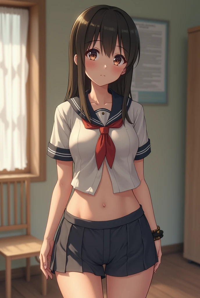 nsfw,alone, (One girl), Elementary school girl,8-year-old, (Lower body naked)、 sexy,  ((Put your arms behind your head)),  (wearing only the top half of sailor school uniform)、classroom, With a girl：Her hair is long and black, Her face is round and cute, Black Hair,Low twin tails, , (Are standing),(Shy, Embarrassing),(((pussy,Female organ,Pussy))),((from below)),((pussy juice)),