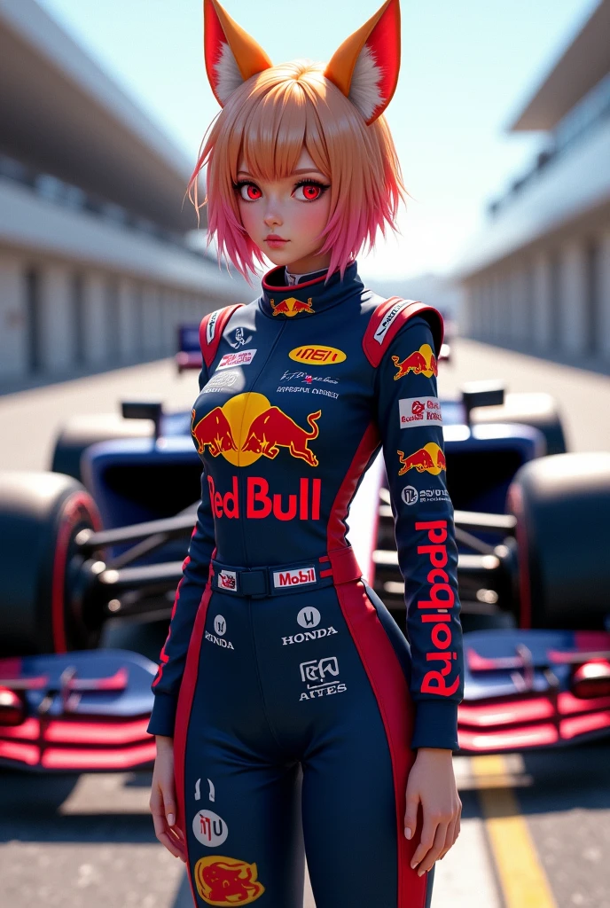 Long shot plan. Fox girl short hair fox tail and ears. (Racing uniform of the FORMULA1 RedBull team. In the middle, a large inscription RedBull on the chest with the left sponsor Honda Mobil on the right TAG HEUER ) Standing in front of the Formula 1 car of the Redbull team.